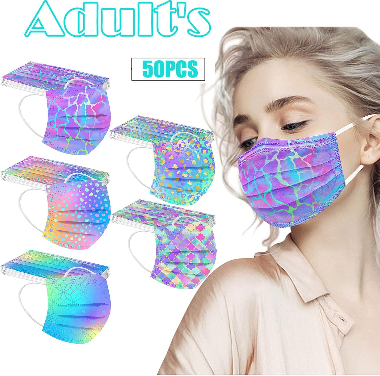 50PCS Adult Disposable Face_Mask,3 Ply Breathable Tie-Dye Gradient Design Facemask for Women Holiday Party Gift image number 2