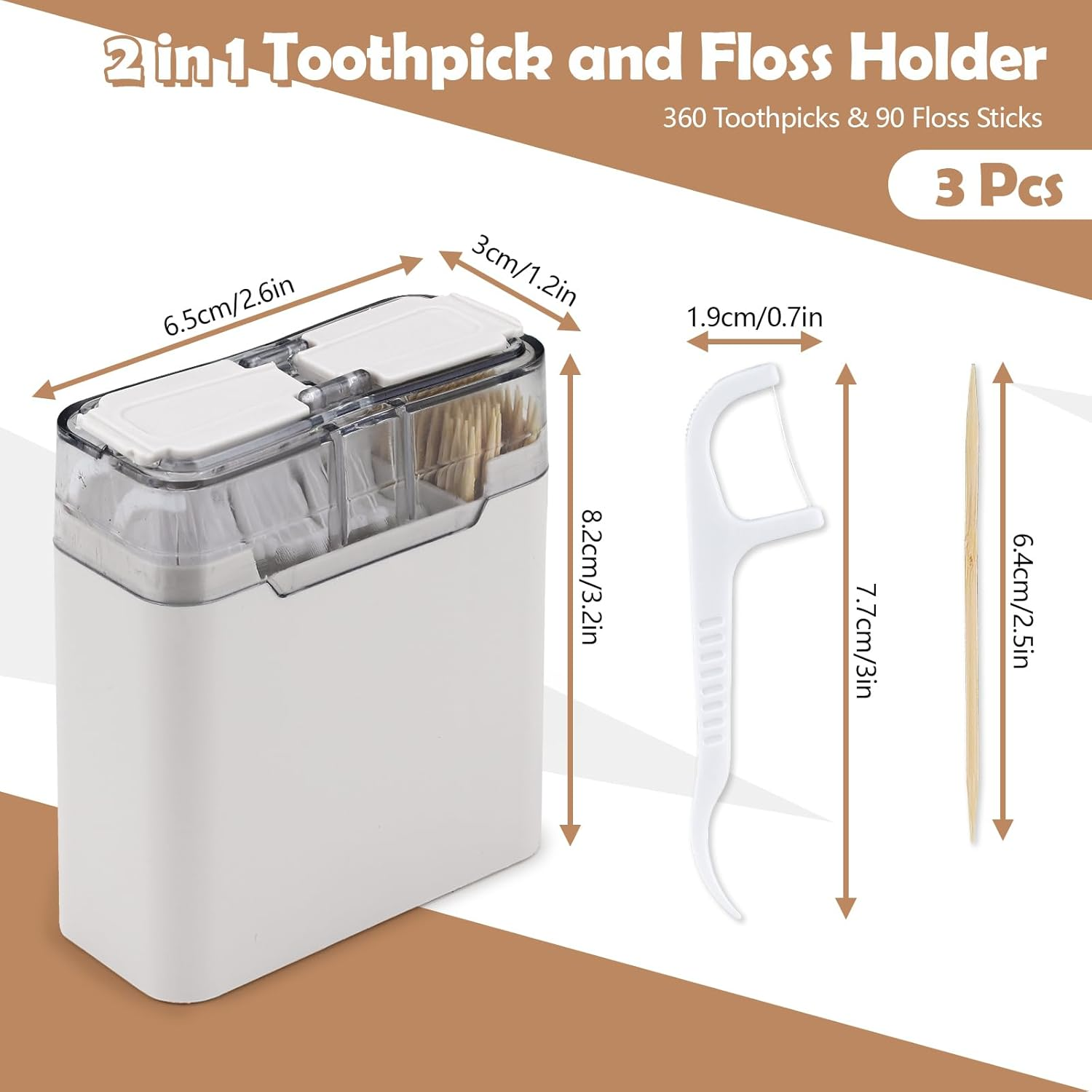 2 in 1 Toothpick & Floss Pick Holder Dispenser, 3Pcs Toothpick Holder with 360 Toothpicks & 90 Floss Sticks, Floss Pick Dispenser Toothpick Case for Home Travel image number 4
