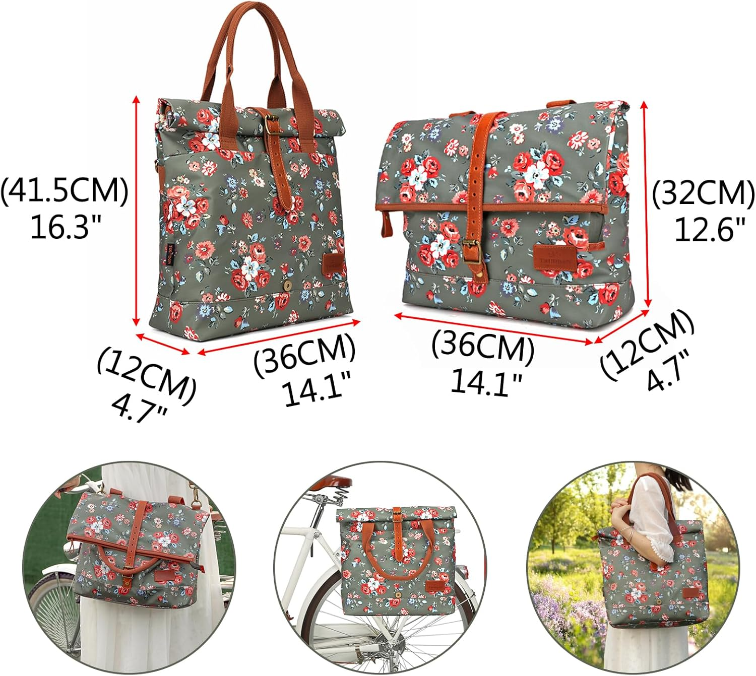 TOURBON Canvas and Leather Roll-Top Clip-On Bicycle Panniers Women'S Shoulder Tote Bag image number 6