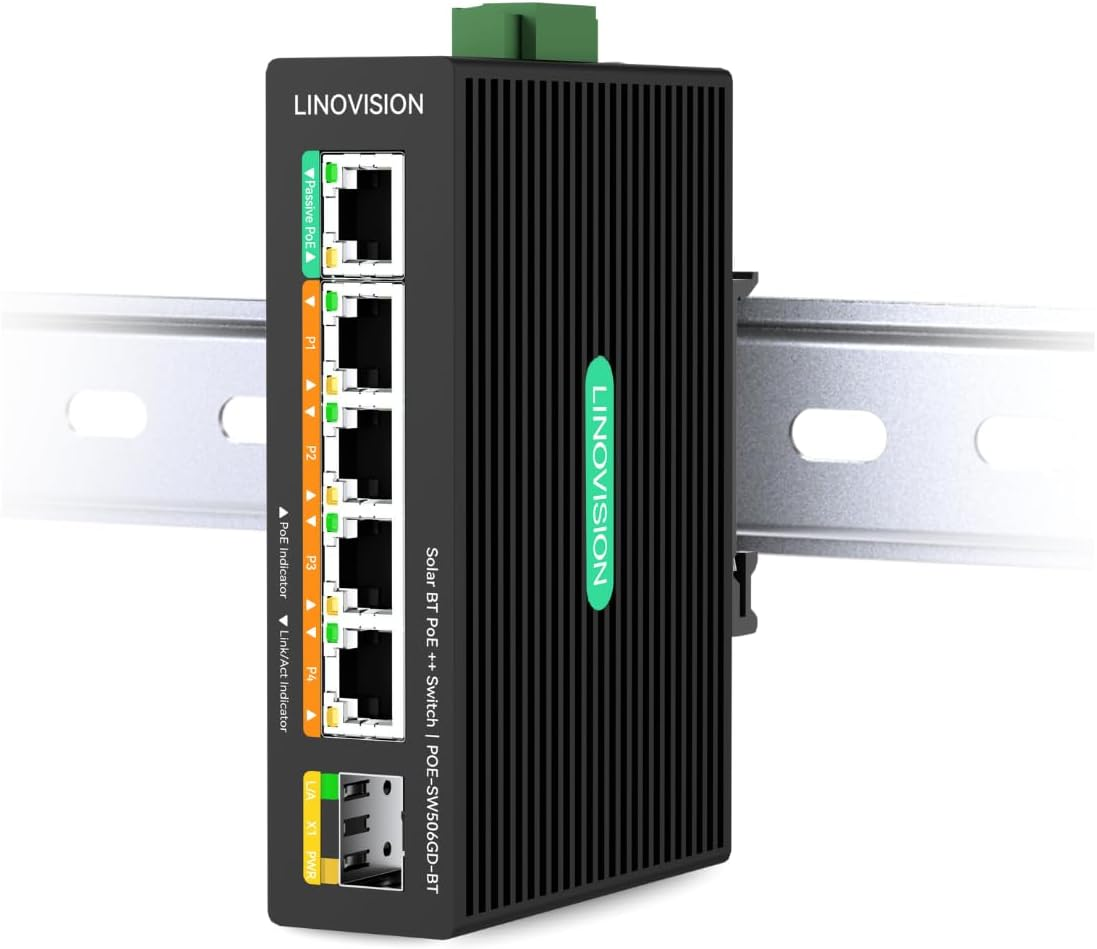 LINOVISION Industrial 5 Ports Full Gigabit DC12V Poe++ Switch for Solar or RV UPS System, Supports DC 9~54V Input, 4 BT90W Poe++ Ports for Poe Lighting and 1 Passive 24V Poe Port for Wireless Bridge image number 1