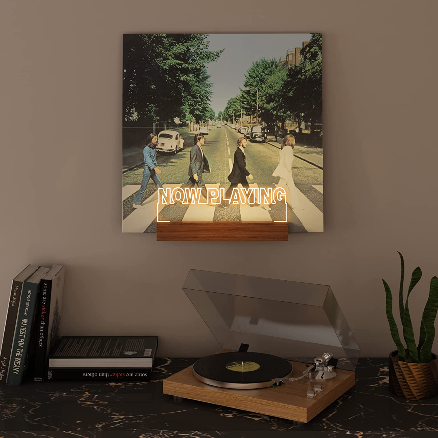 Now Playing Vinyl Record Stand, Light up Now Spinning Record Holder, Wooden Acrylic Holder for Vinyl Album Display and Storage with Warm White Colour Lights image number 2