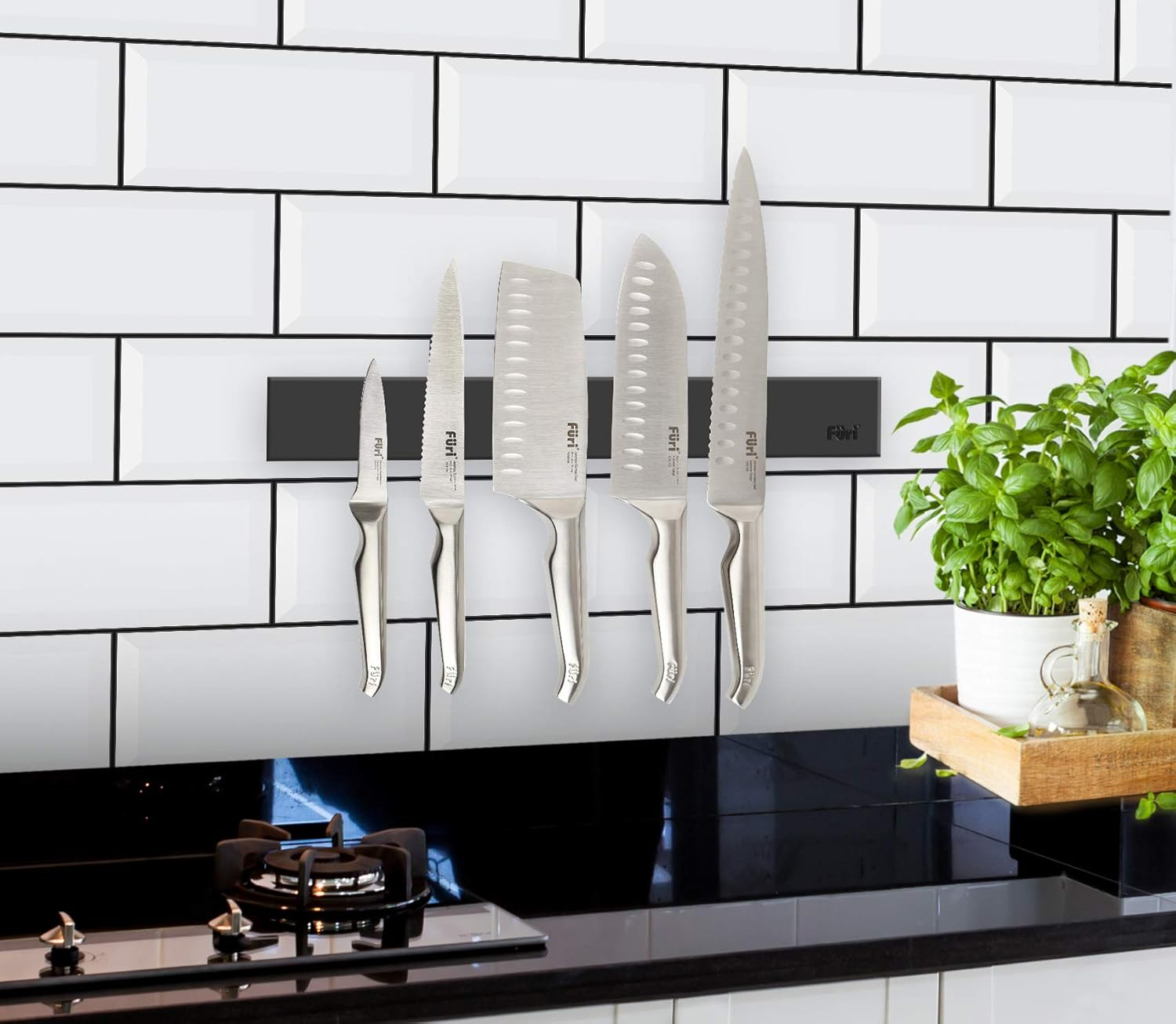 Furi Pro Magnetic Wall Knife Rack 36Cm (14In) &ndash; Strong Magnetic Knife Holder with Soft Black Silicone Coating, Easy Wall Mount for Tile, Brick or Wood