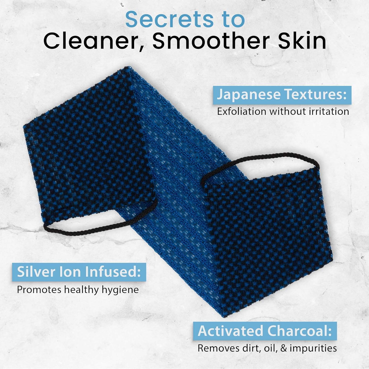 Japanese Exfoliating Washcloth Back & Body 2-Pack by Shower Bouquet: Silver Ions Prevent Bacteria, Activated Charcoal Removes Impurities; 1 Charcoal Blue, 1 Charcoal Green Exfoliating Towel, Soft Mild image number 7