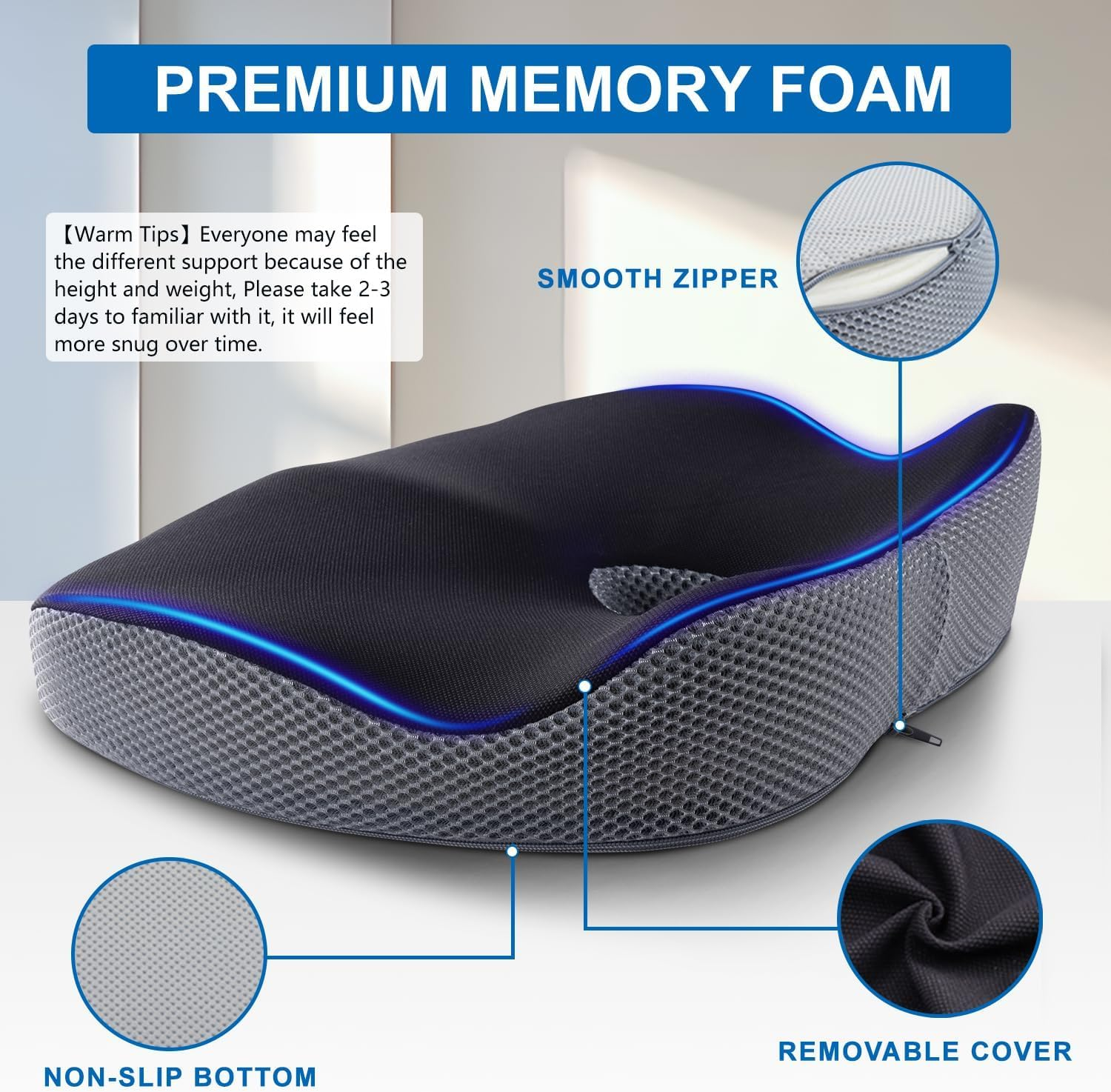 Large Seat Cushion, Memory Foam Coccyx Pain Relief Pillow for Office Chair & Car, Ergonomic Support for Sciatica, Tailbone & Hip Pain, Non-Slip Comfort for Wheelchair image number 2