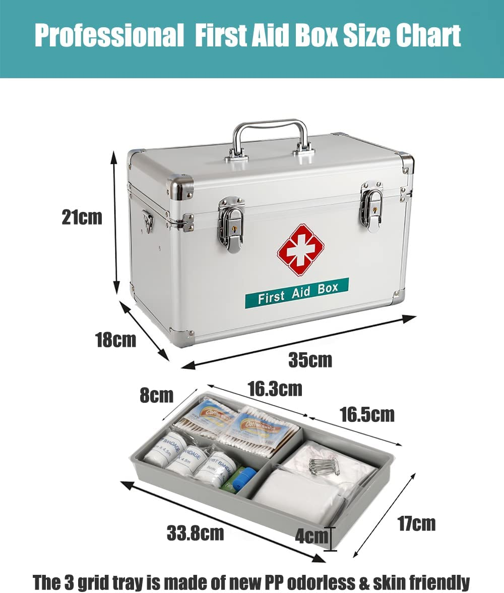FOREVERIE Premium 14 Inches Empty First Aid Box with an Internal 3 Grid Tray and Shoulder Strap, Aluminum Alloy Framed, Portable Home & Work Medicine Box for Medical and Health Industry Workers image number 5