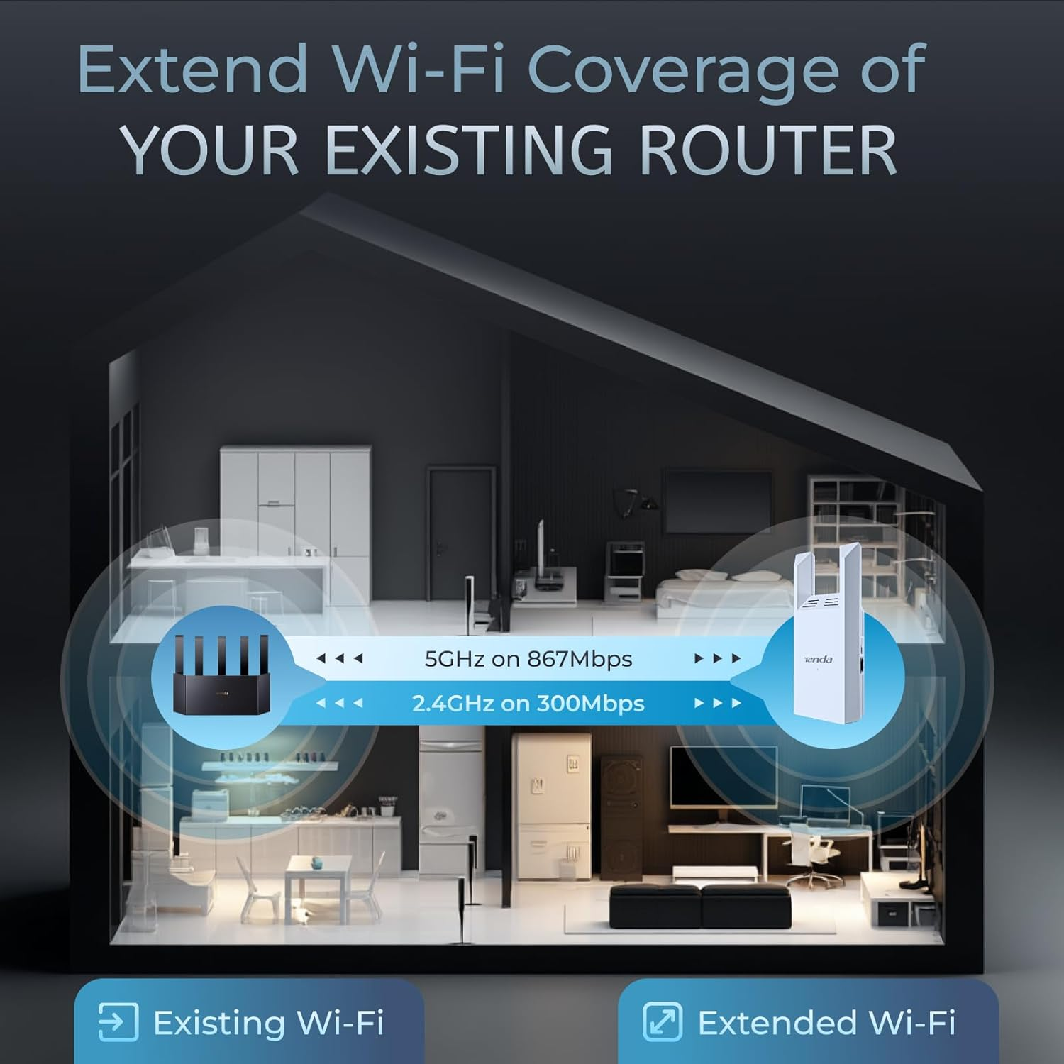 Tenda Wifi Range Extender AC1200, Covers up to 1300 Sq.Ft and 23 Devices, Dual-Band867Mbps 5Ghz/300Mbps 2.4Ghz, Wifi Booster Suitable for Every House, One Ethernet Port(A18 V4.0) image number 2