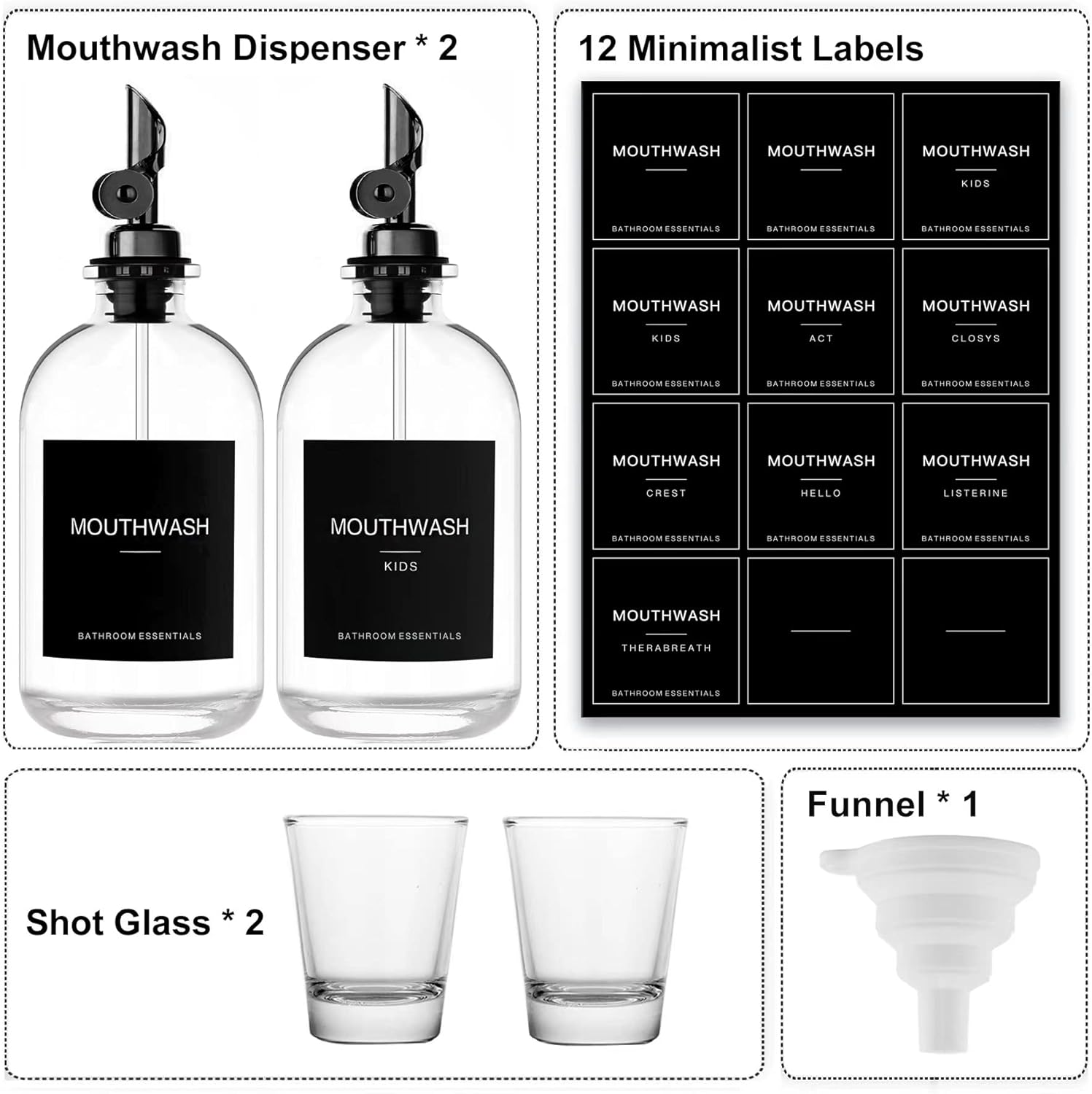 Homefeel Black Glass Mouthwash Dispenser with Cups, 12.7 Oz, 2 Pack - Clear Mouthwash Bottle with 304 Stainless Steel Spout & Minimalist Labels, Style Mouthwash Container for Bathroom image number 2