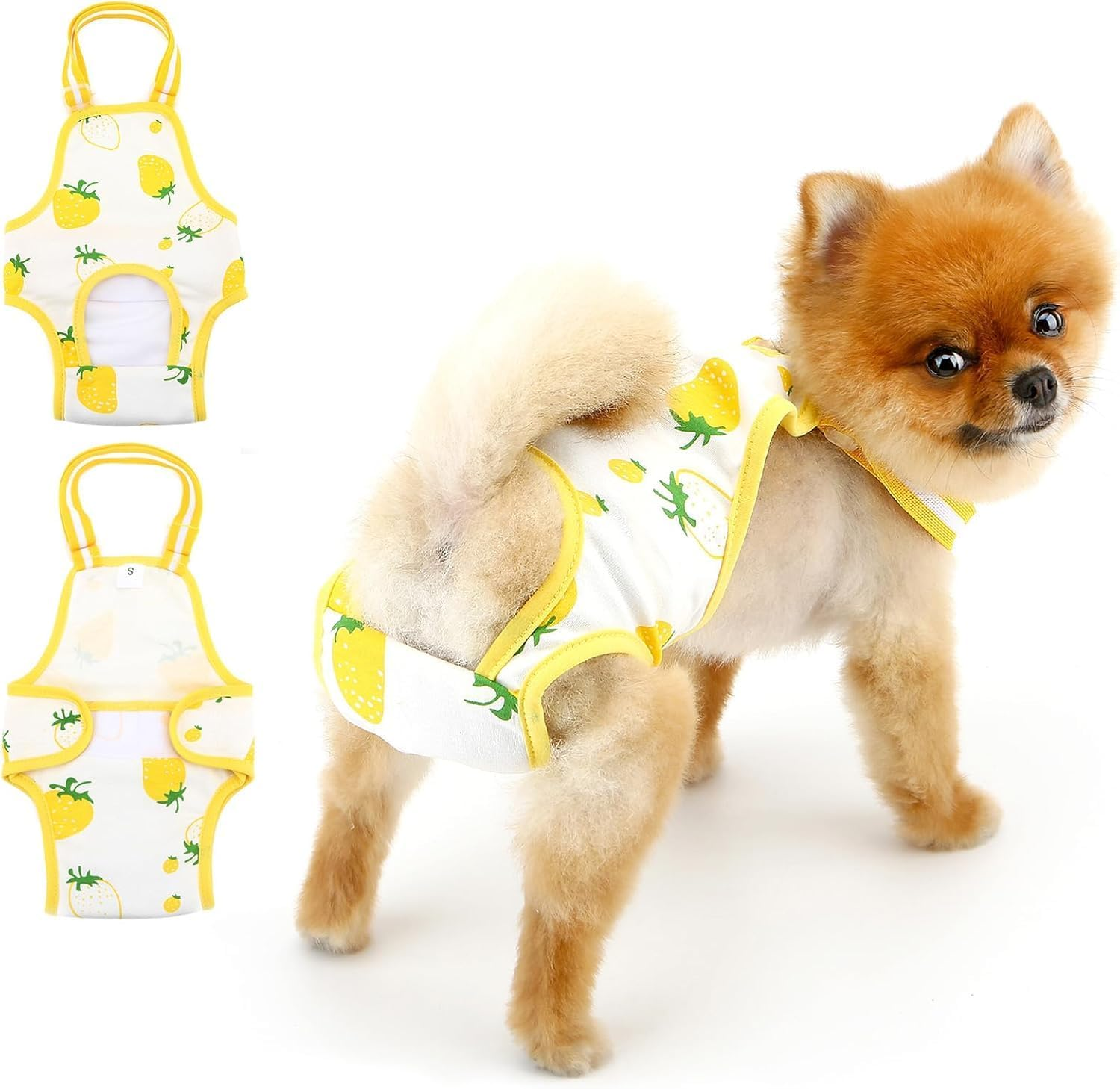 Cute Pet Sanitary Pantie with Adjustable Suspender Washable Reusable Puppy Cute Pet Underwear Diaper Jumpsuits for (S, Yellow Strawberry) image number 3