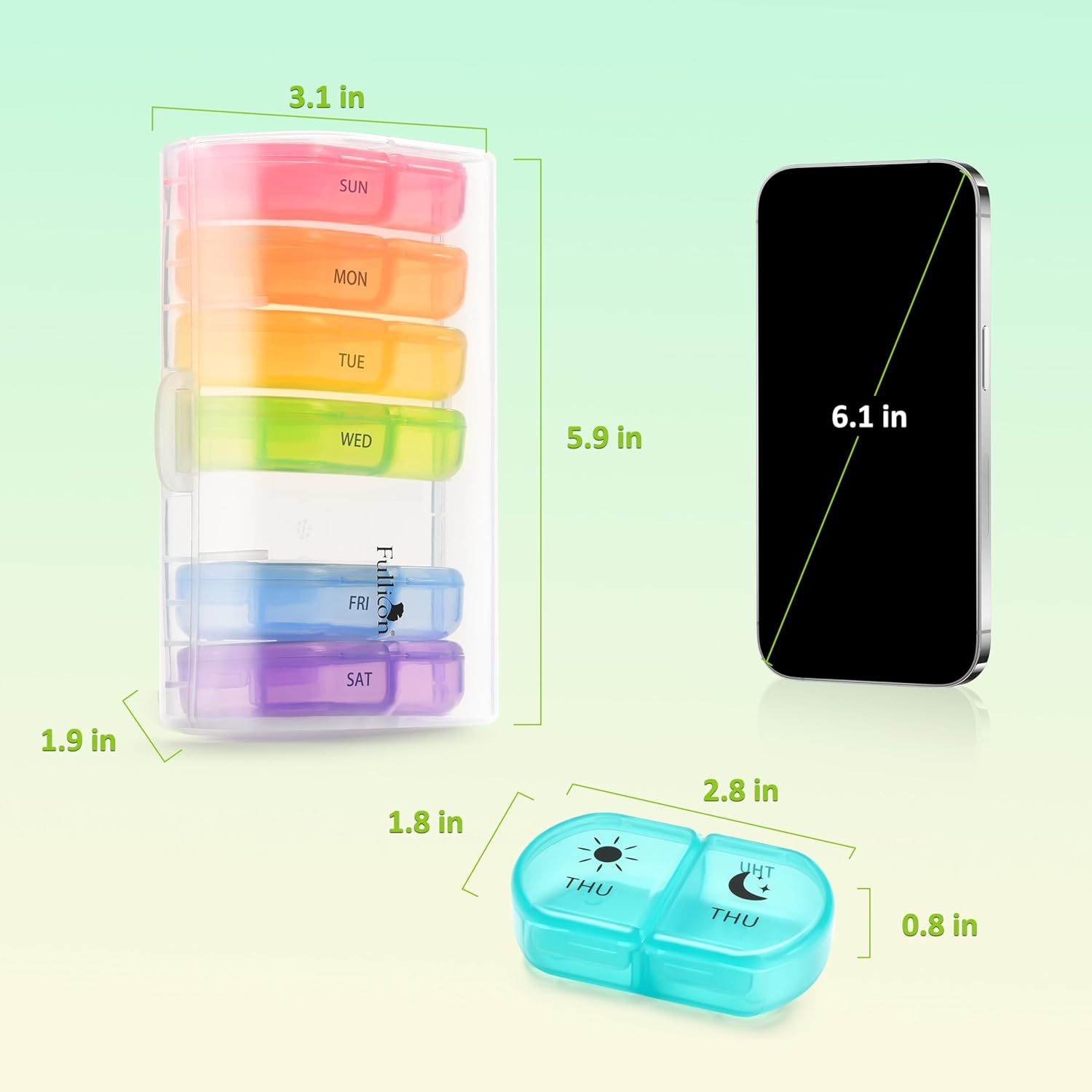 Fullicon Large Pill Organiser 2 Times a Day, Easy to Use Weekly Daily Pill Box, Secure AM PM Medicine Organiser, Durable Pill Container Case, Portable Travel Tablet Organizer (Clear Rainbow) image number 2