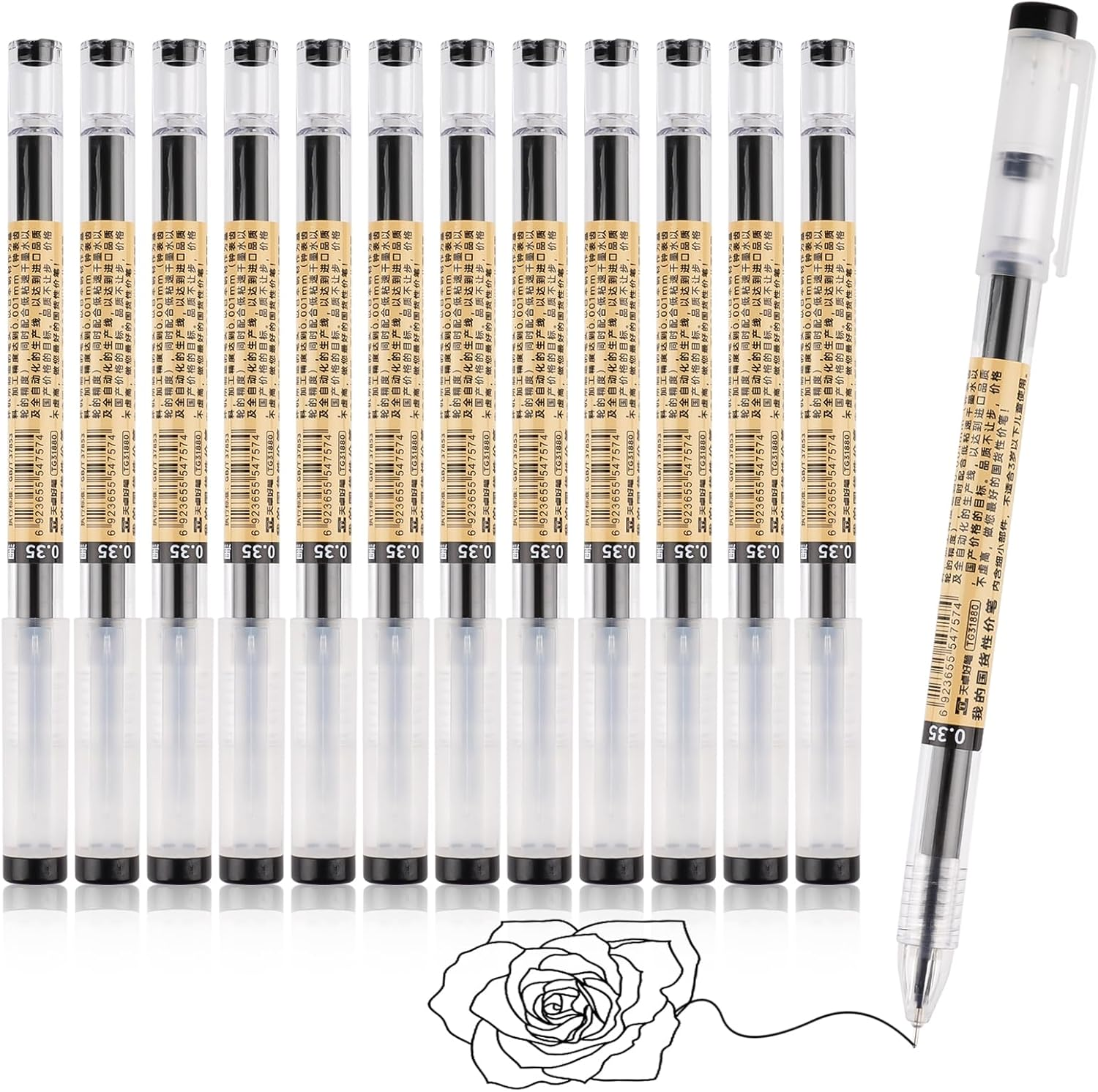 12 Pcs Gel Pens Black, Rollerball Pens, Smooth Writing Pens, Ink Pen for Writing, Liquid Ink Rollerball Pens, Pens Multipack, Handwriting Pens for School Kids Adult - 0.35Mm