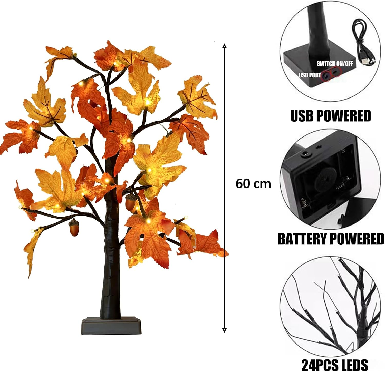 Fall Lighted Maple Tree with Acorns Halloween Chirstmas Decoration Thanksgiving Table Centerpiece Decoration| 48 Leaves and 24 LED Lights | Autumn Harvest Indoor Decor image number 6