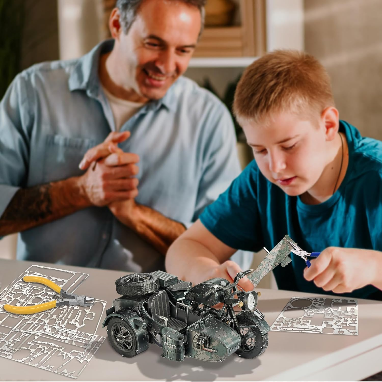 Piececool 3D Puzzles for Adults, Motorcycle with Sidecar Metal Model Building Kits for Family Time, Side Car DIY Assembling Arts and Crafts Best Birthday Gifts, Dark Green image number 3