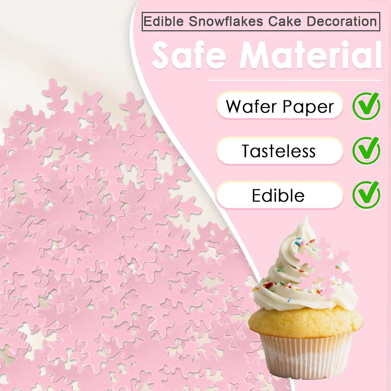 50Pcs Snowflake Cake Cupcake Topper, Edible Winter Frozen Snowflake Cake Decorations Edible Wafer Paper for Birthday Party Decor Supplies (Pink) - White+Blue image number 4