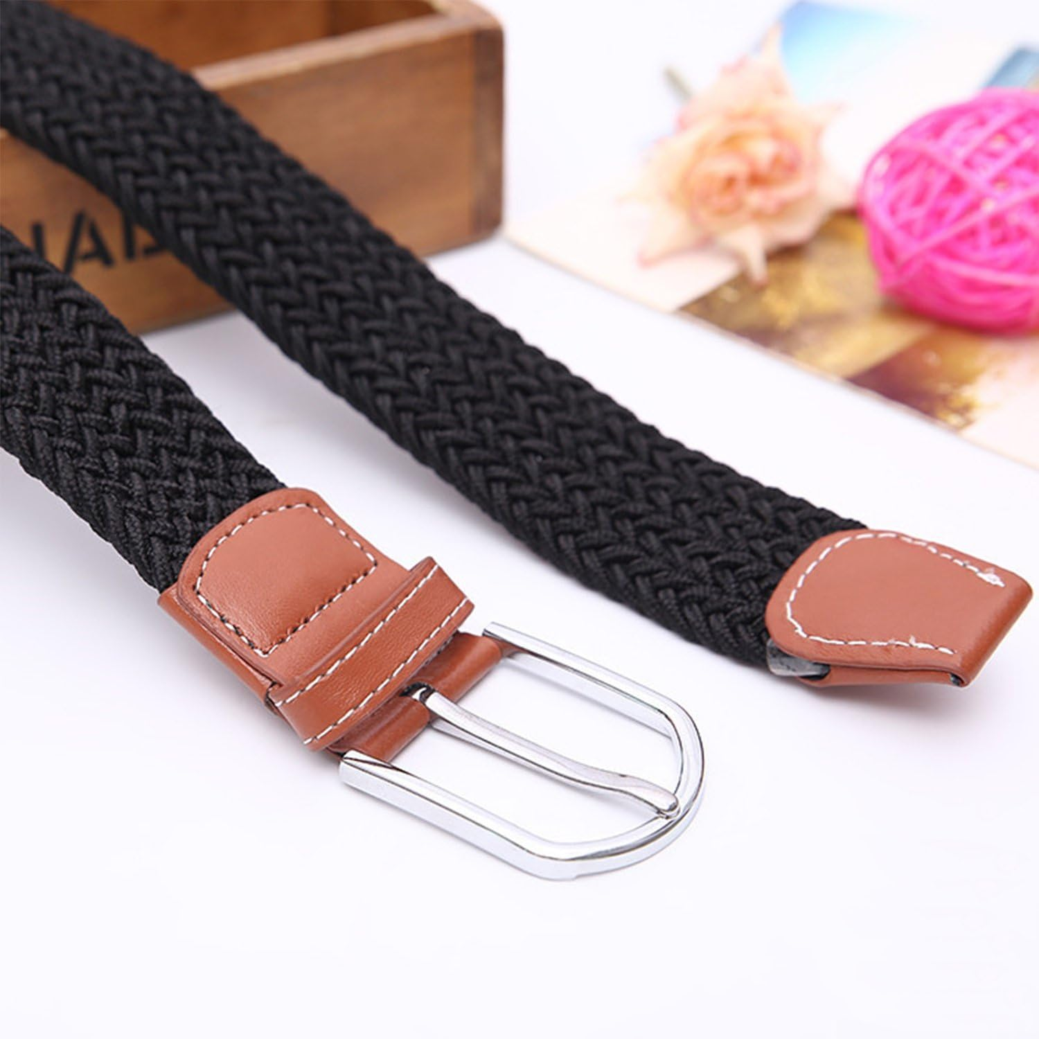 2 Pack Womens Stretch Canvas Braided Belt - Ladies Belts for Jeans, One Size - Black+Brown image number 3