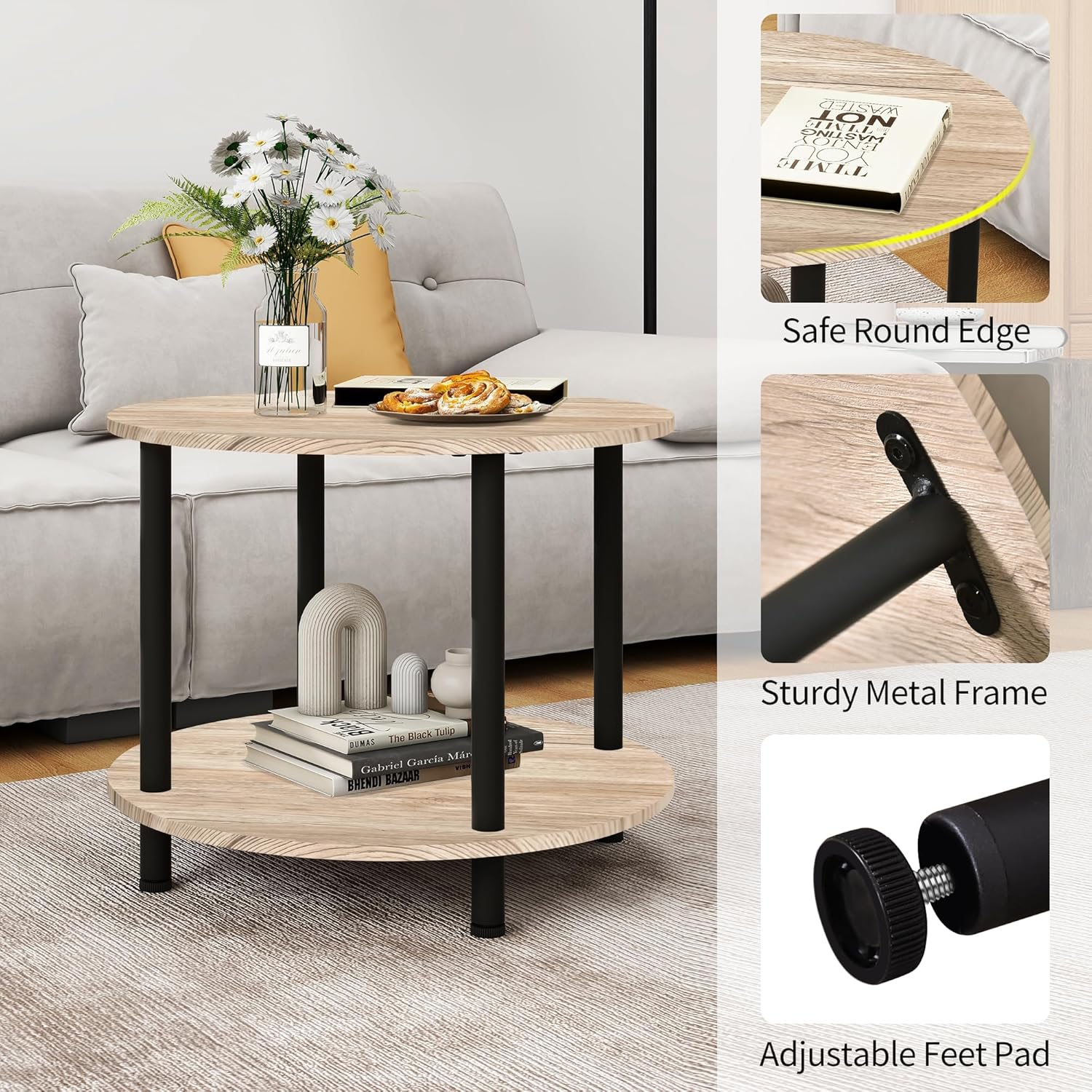 VERFARM 60CM round Coffee Table, 2-Tier Small Circle Coffee Table with Storage, Modern Center Accent Table with Metal Frame, Side Table End Table for Small Space, Living Room, Office, Teak Oak - Black + Rustic Brown image number 7