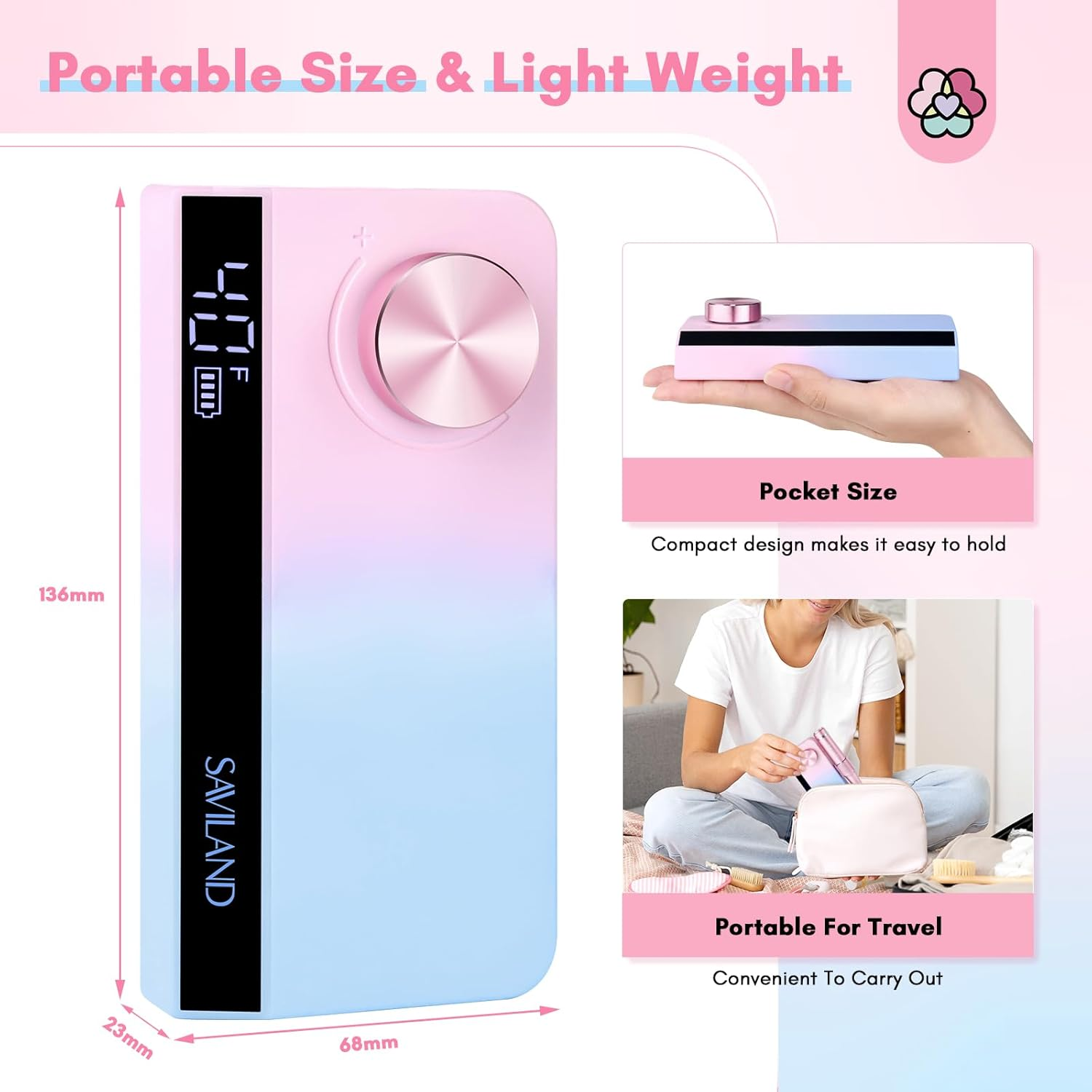 Saviland Portable Electric Nail Drill - 35000 RPM Electric Nail File for Acrylic Nails Professional with Ceramic Corn Head Nail Drill Bits for Nails Manicure Tools and Pedicure Kit Salon Use image number 6