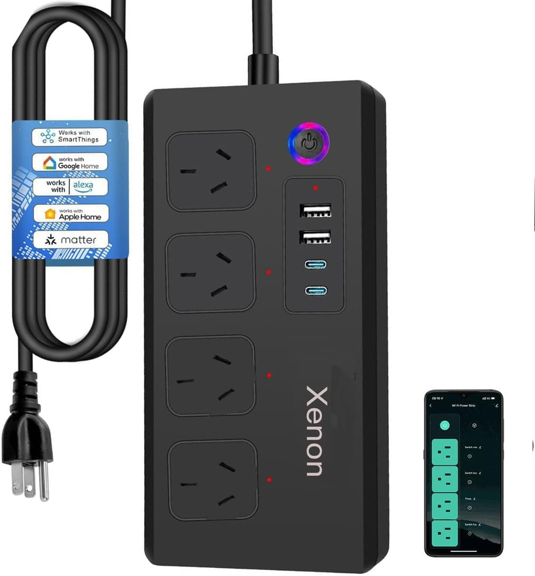 Xenon Smart Power Board, Wifi Power Strip with 4 AC Outlets and 4 USB, Compatible with Alexa and Google Home 1.5M Extension Lead for Desk Travel School Home Office (Wifi Version - White)