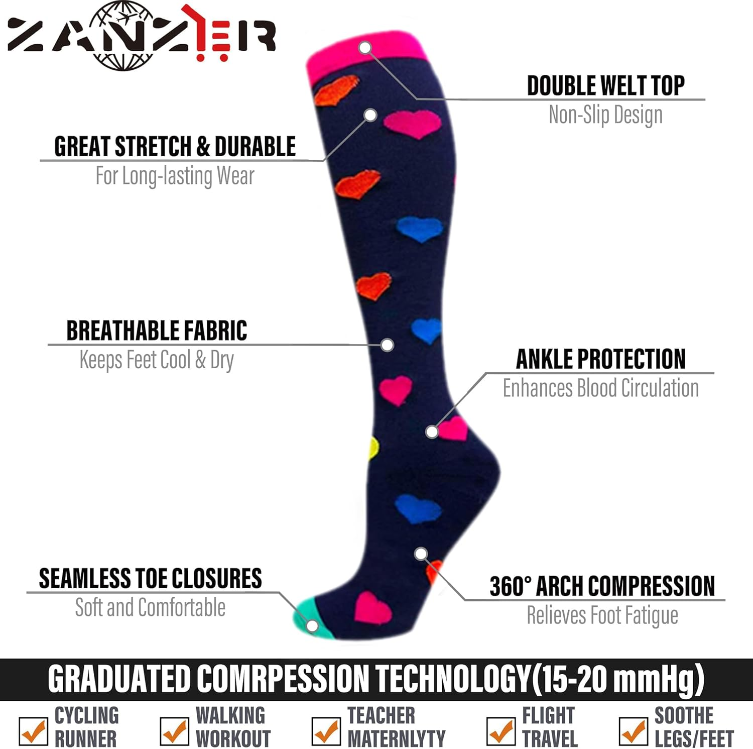 ZANZER Compression Socks for Women & Men Circulation(6 Pairs)-Graduated Supports Socks for Running, Athletic Sports image number 3