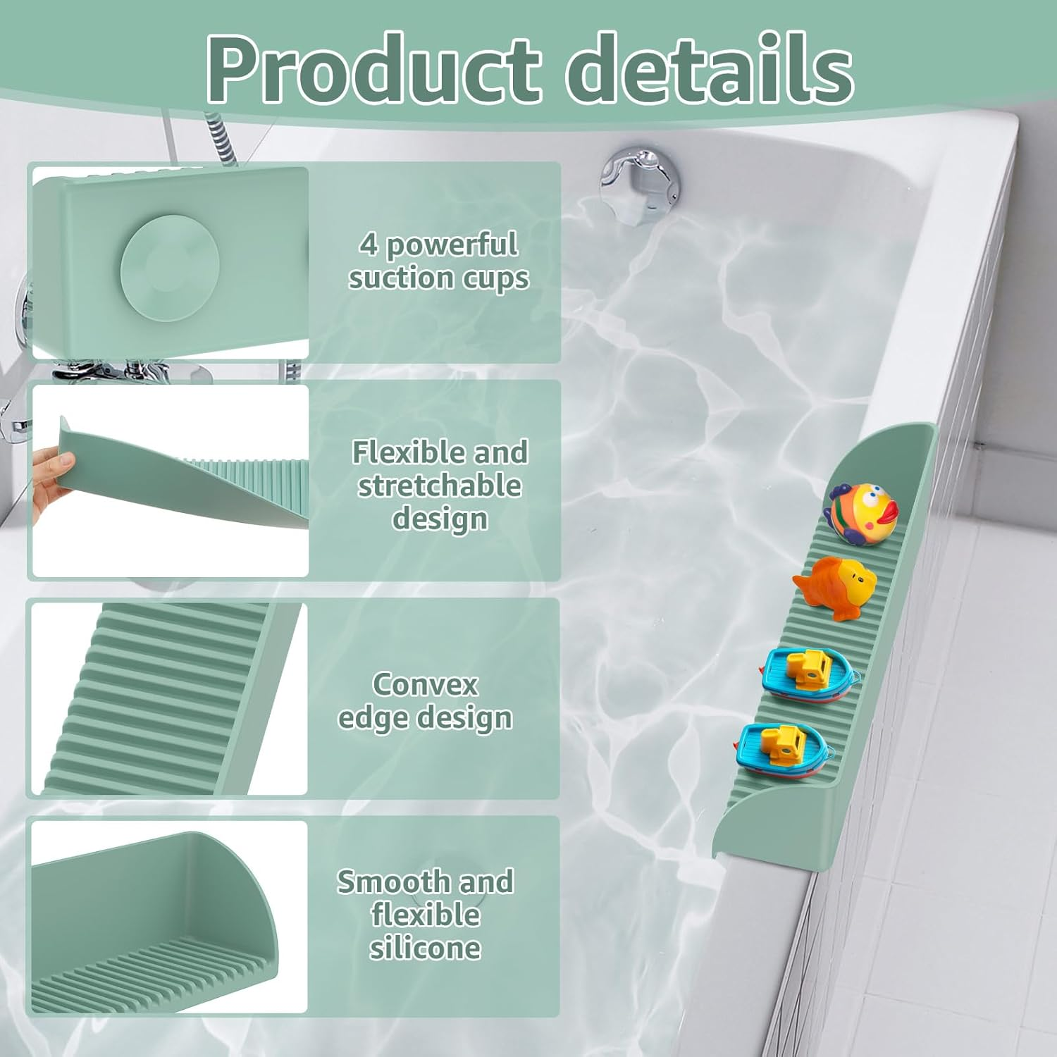 Silicone Sink Water Bathtub Splash Guard with 4 Suction Cups Kids Bath Toys Organizer Bath Storage Tray Raised Edge Design for Kitchen and Bathroom(Green)