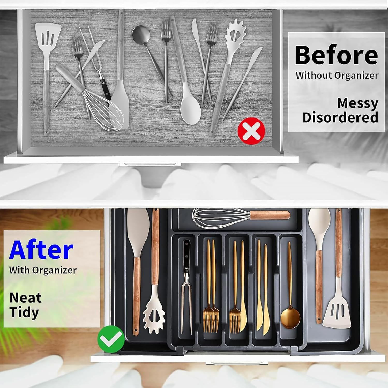 Expandable Cutlery Drawer Organizer, Flatware Utensil Tray for Kitchen, Adjustable Cutlery Storage for Forks, Knives, Multipurpose Kitchen Organizers (Black) image number 6