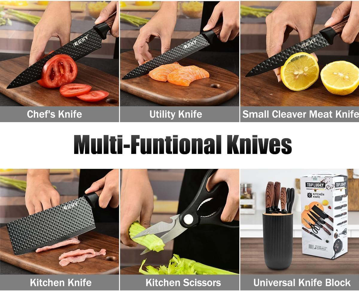 Kitchen Knife Set,6-Pieces Black Sharp Knife Set for Kitchen, Non-Stick Non-Slip Stainless Steel Chef Knife Set with Universal Knife Block Suitable for Home Restaurant (Wood Grain Black) image number 1