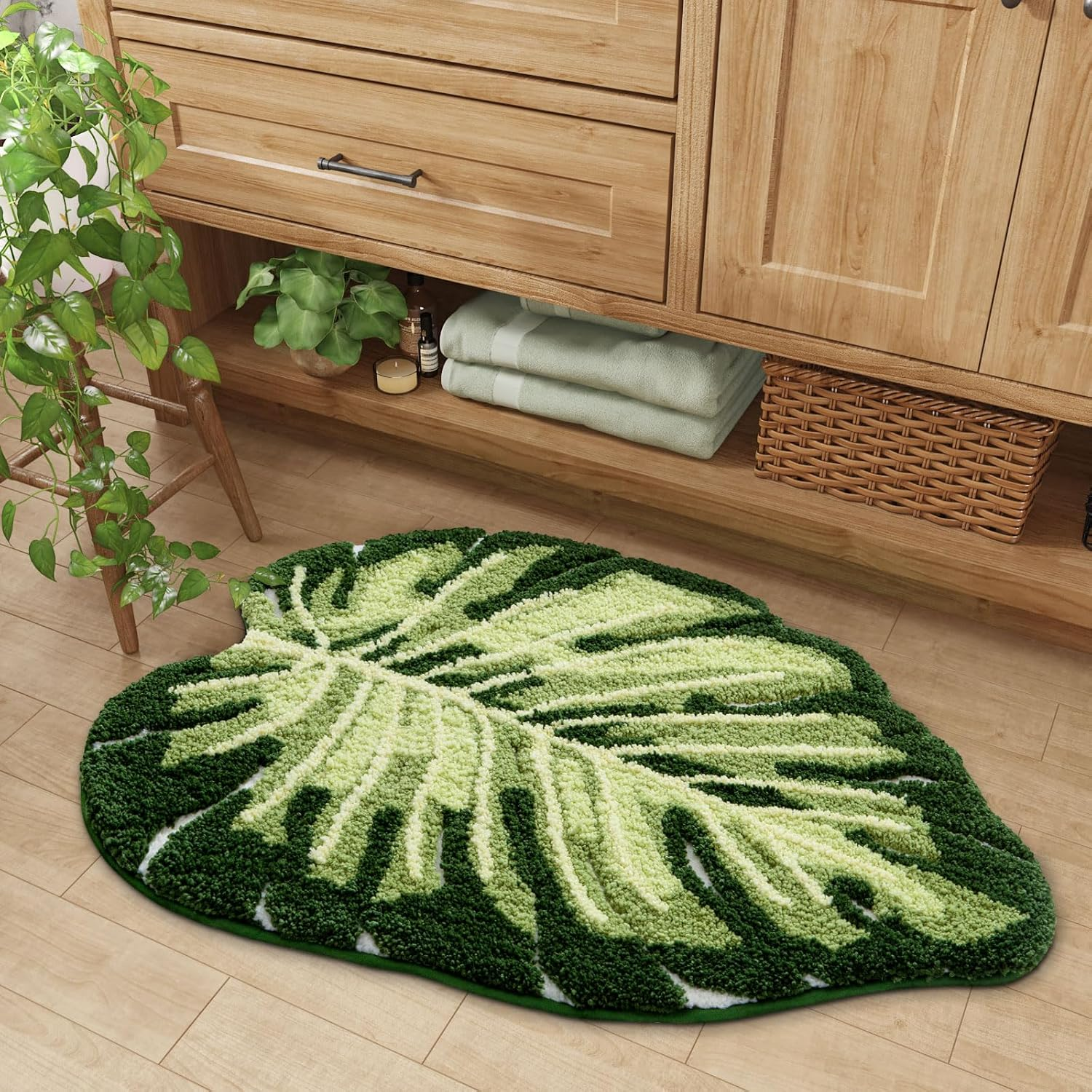 DEXI Bathroom Rugs Bath Mat Shower Floor Bathmat Non Slip Absorbent Washable Carpet Monstera Deliciosa Embossed Leaf Shaped 23.5"X31.5"