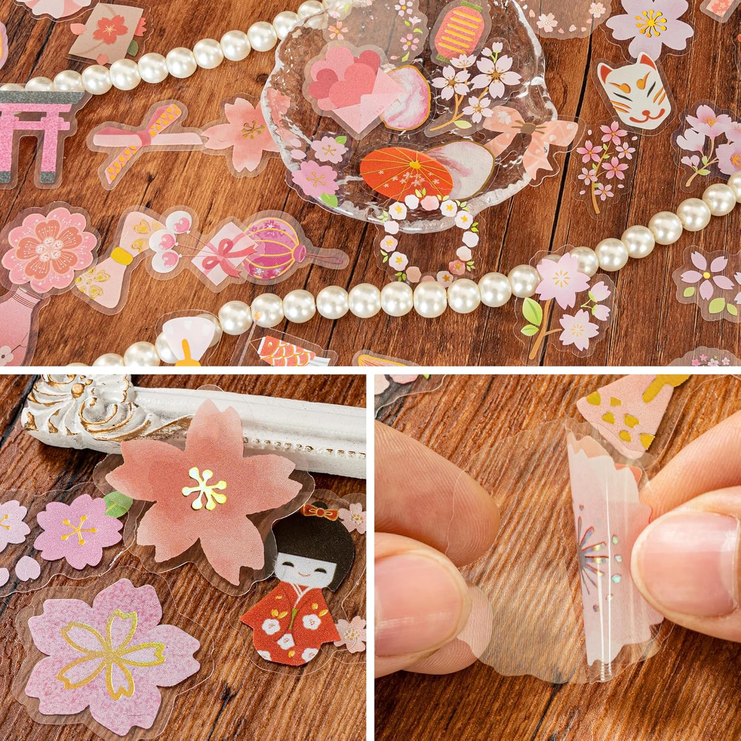 Sakura Scrapbooking Kit Cherry Blossom Decorative Sticker & Paper Flower Paper Cutouts Japanese Flower Decals with Gold Foil for Journal Planner Arts and Crafts Card Making Collaging (Freesa)