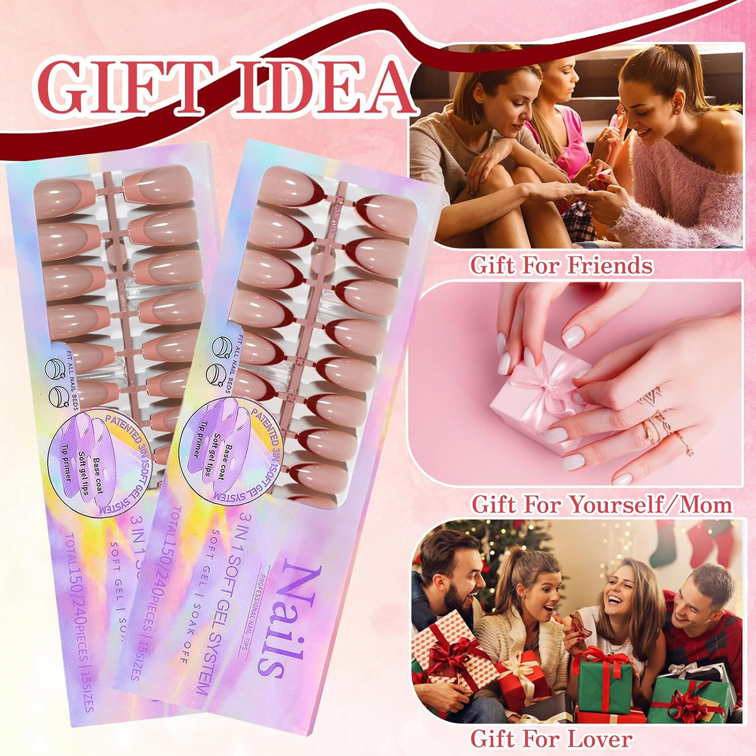 300PCS Nail Tips Set, Full Cover French Ballerina Nail Tips, Acrylic, Glossy Finish, Soak Off, Home DIY & Salon Use