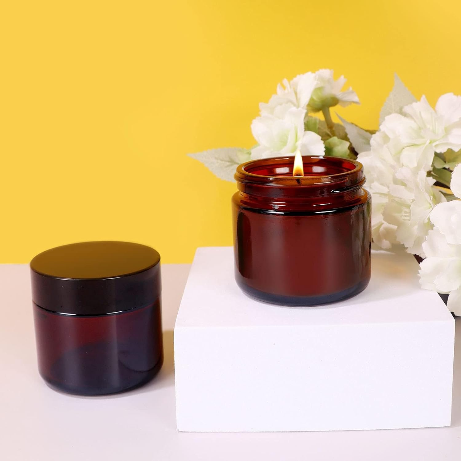 Keketin 2 Oz Amber Glass Jars,15 Pack Empty Cosmetic Containers with Inner Liners and Black Lids,Refillable round Cream Jars for Lotion,Ointments,Bath Salts,Makeup,Slime and Travel image number 4