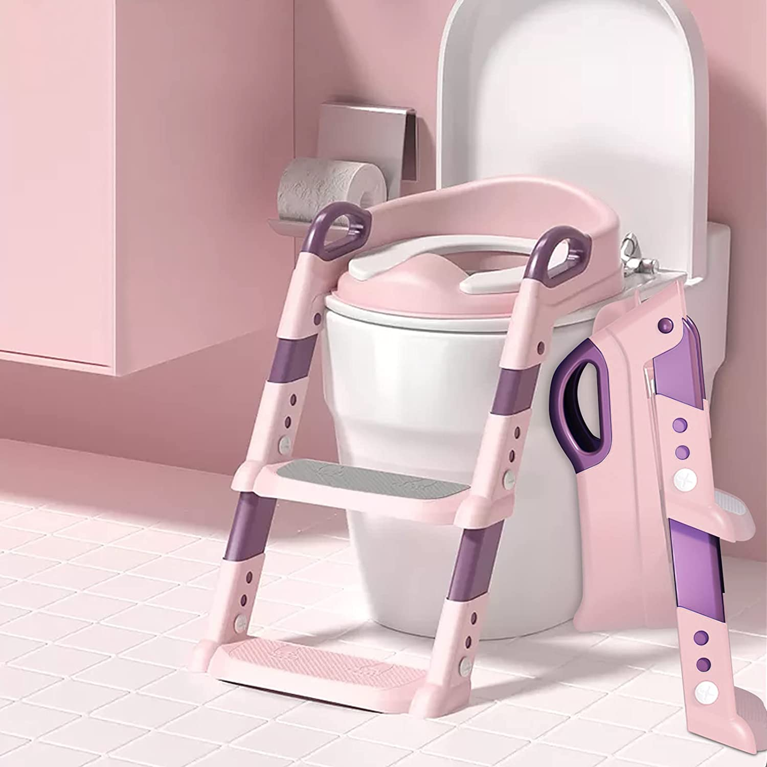 STEUGO Potty Training Seat with Step Stool Ladder,Potty Training Toilet for Kids Boys Girls,Toilet Training Potty Seat Sturdy Comfortable Built in Non-Slip Steps Soft Pad for Baby Boys Girls(Pink) image number 5