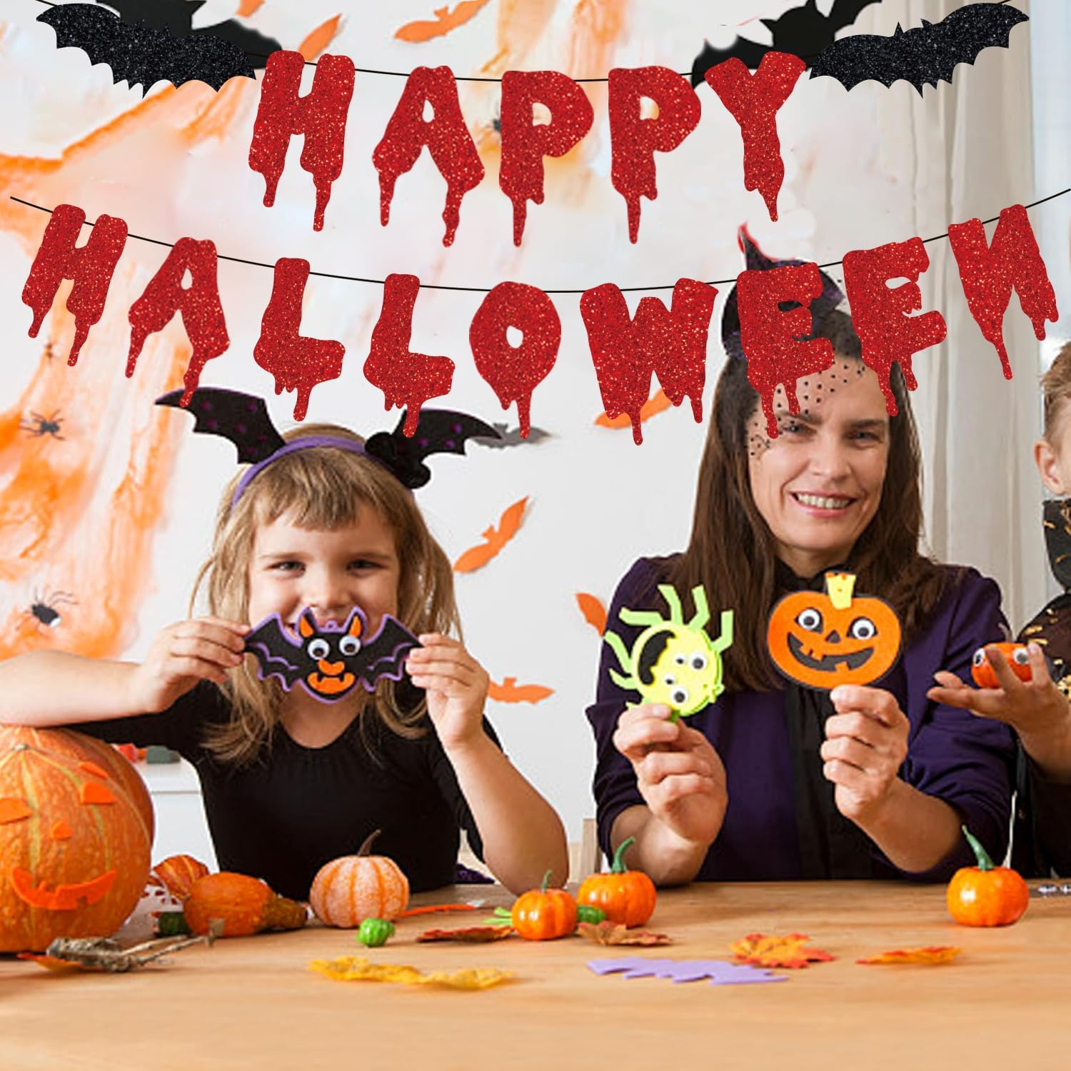 Happy Halloween Banner Red Black Glitter Bat Banner Halloween Hanging Paper Garland Bunting Banner for Halloween Zombie Vampire Haunted Houses Indoor Outdoor Party Decorations Supplies Kit image number 5