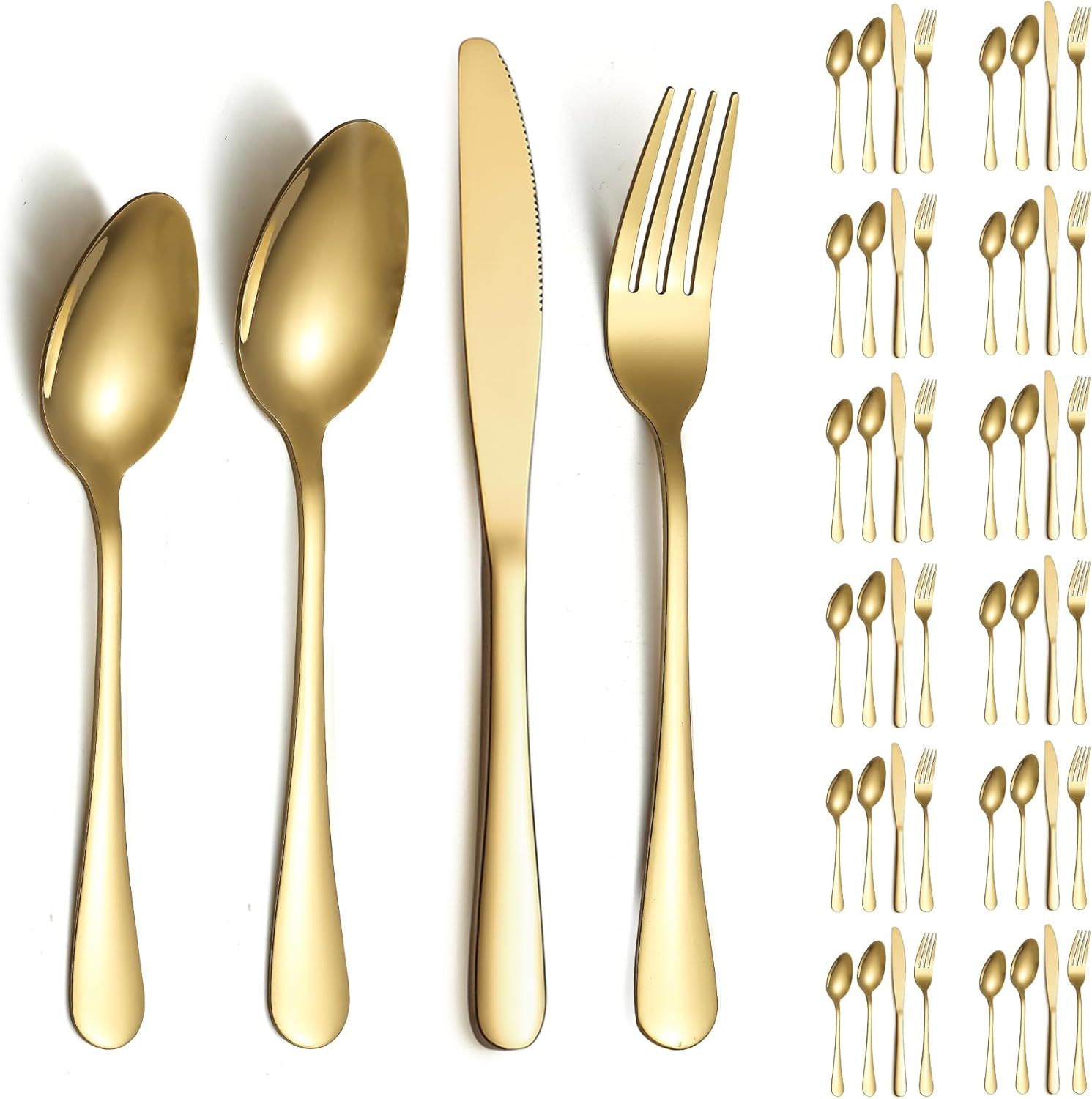 Gold Cutlery Set 48 Pieces Service for 12, Berglander Titanium Gold Coating Handle Stainless Steel Flatware Set, Knives Forks Spoons Silverware Set image number 3
