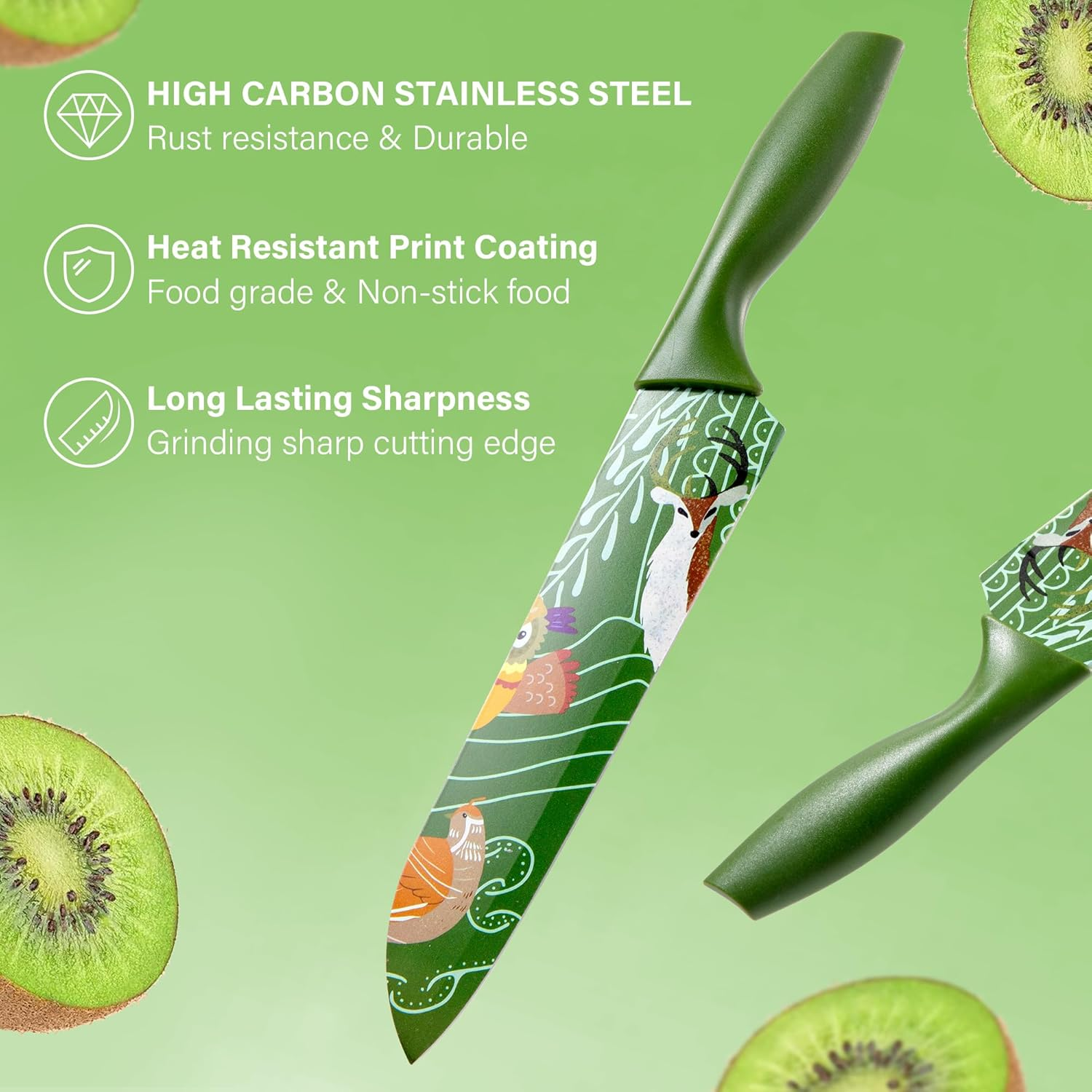 WILLKOMMEN Kitchen Knife Set 3 PCS, Professional Sharp Stainless Steel Chef&rsquo;S Knife Set, Food Grade Non-Stick Color Printing Animals Pattern Knives Set, Good Choice for Birthday, Housewarming (Green) image number 1