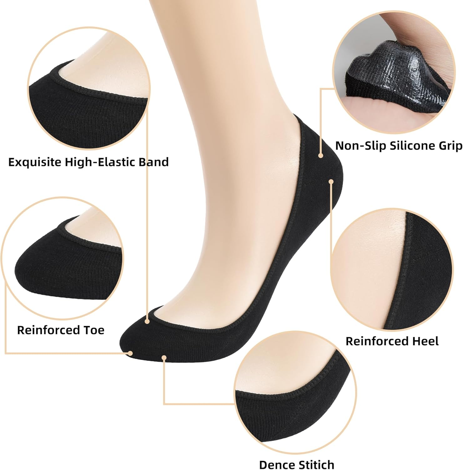 6 Pairs No Show Socks Womens, Ultra Low Cut Liner Non Slip Footies Socks for Flats Invisible Boat Shoe Size 5-9/9-11 image number 2