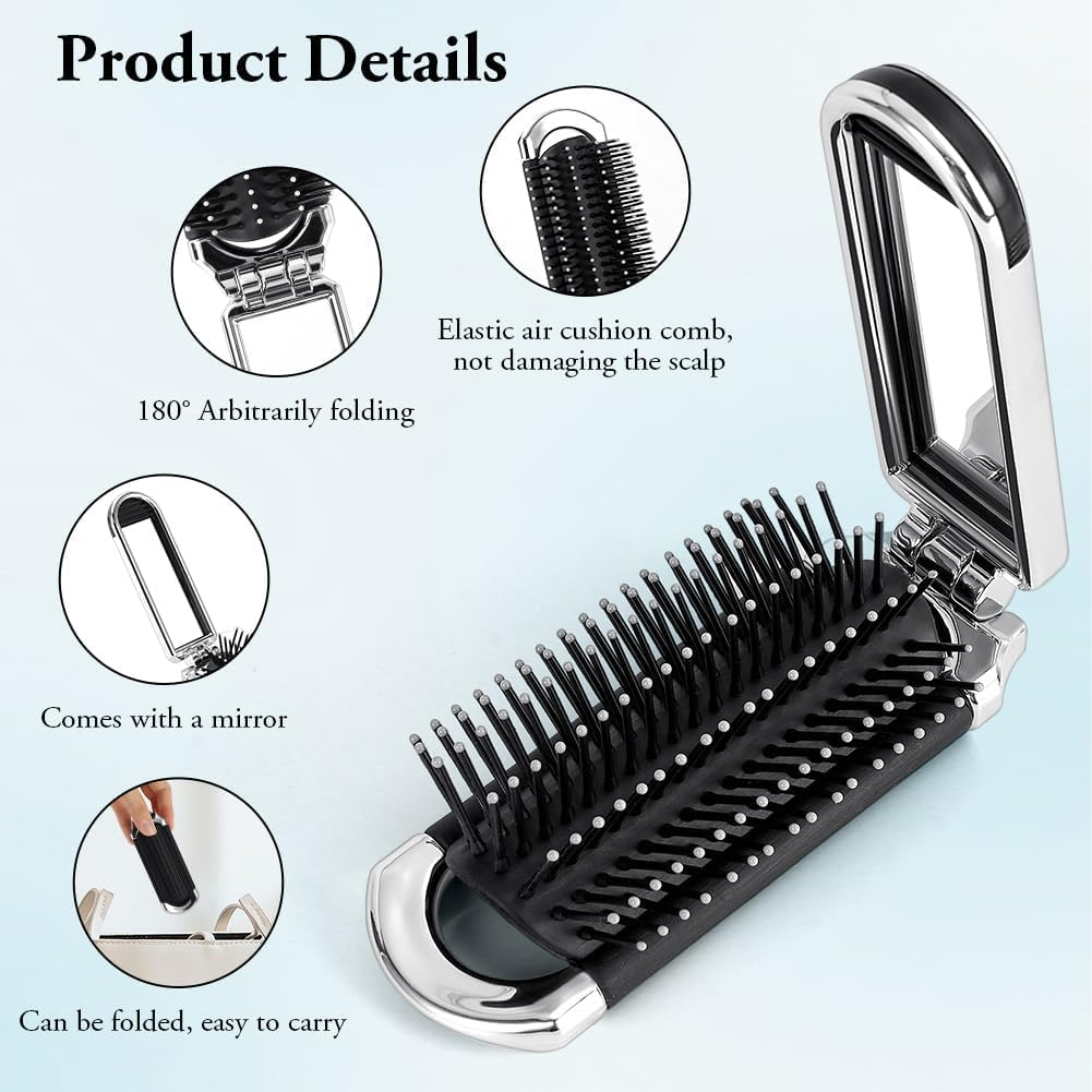 2 Pcs Folding Hair Brush with Mirror - Mini Travel Portable Pocket Size Comb with Soft Nylon Bristles, Collapsible Anti-Static Compact Styling Tool for Gym, Swimming image number 1