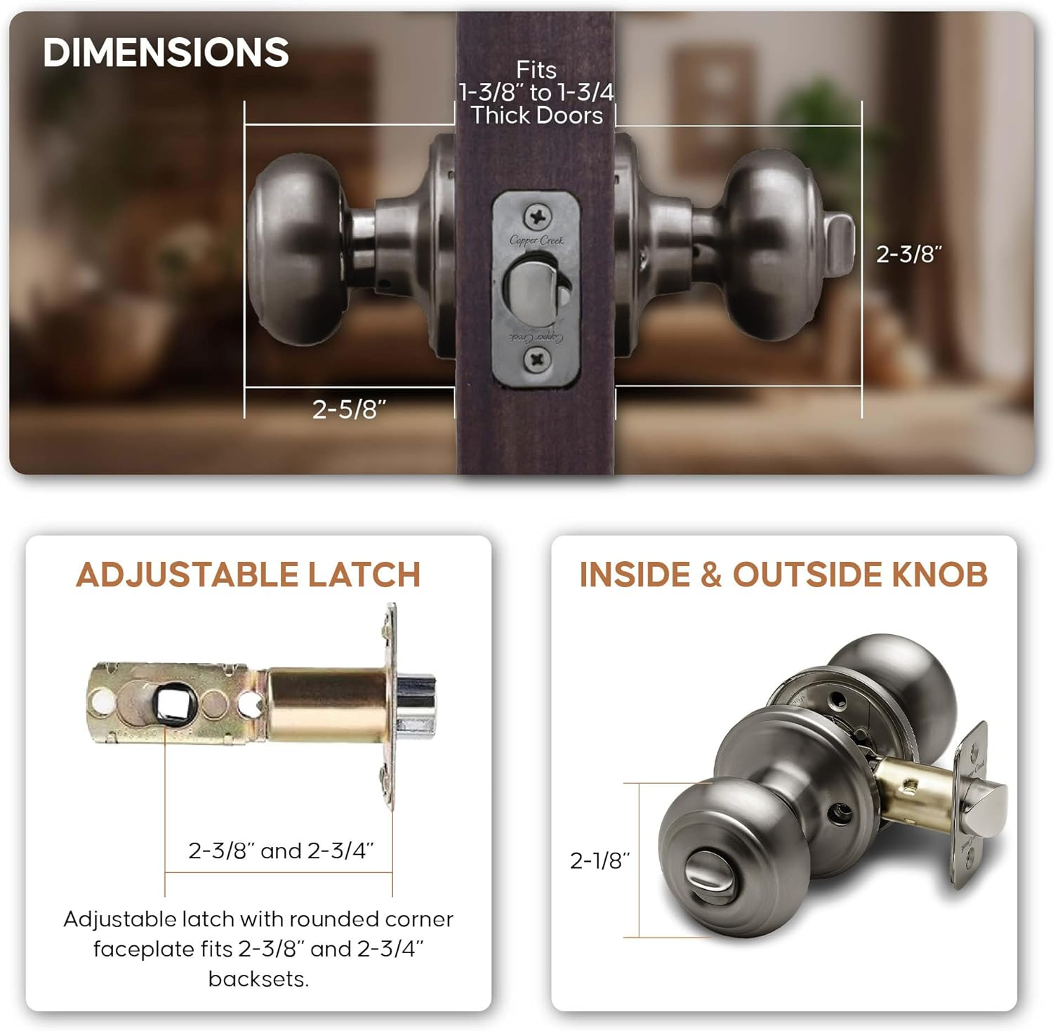Copper Creek Antique Nickel Door Knobs - round Colonial Knob with Privacy Locking Function for Home Improvement, 1 Pack - Fits All Standard Doors - Locking Door Knob for Bedroom and Bathroom Use - Polished Brass image number 4