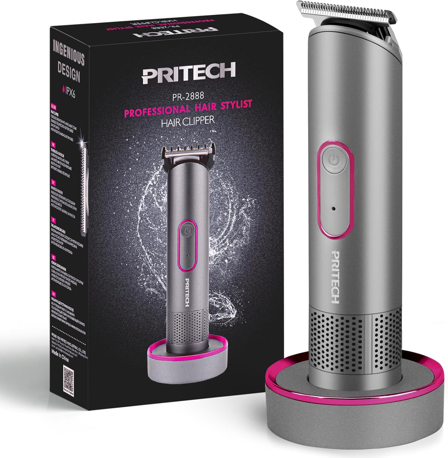 PRITECH Hair Trimmer for Women, Waterproof Bikini Trimmer for Wet & Dry Use, Rechargeable Pubic Hair Trimmer, Electric Razor & Shaver with Standing Recharge Dock, Aurora Gray