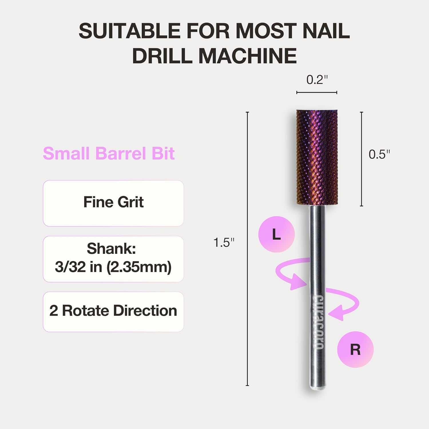 Curacoro Nail Drill Bits 3/32" - Small Cylinder Carbide Bit (Fine) for Professional Finish Removes Gel Nails Gently Buffs & Smooths Nail Art, Pedicure, Manicure - Salon & Home Use image number 2