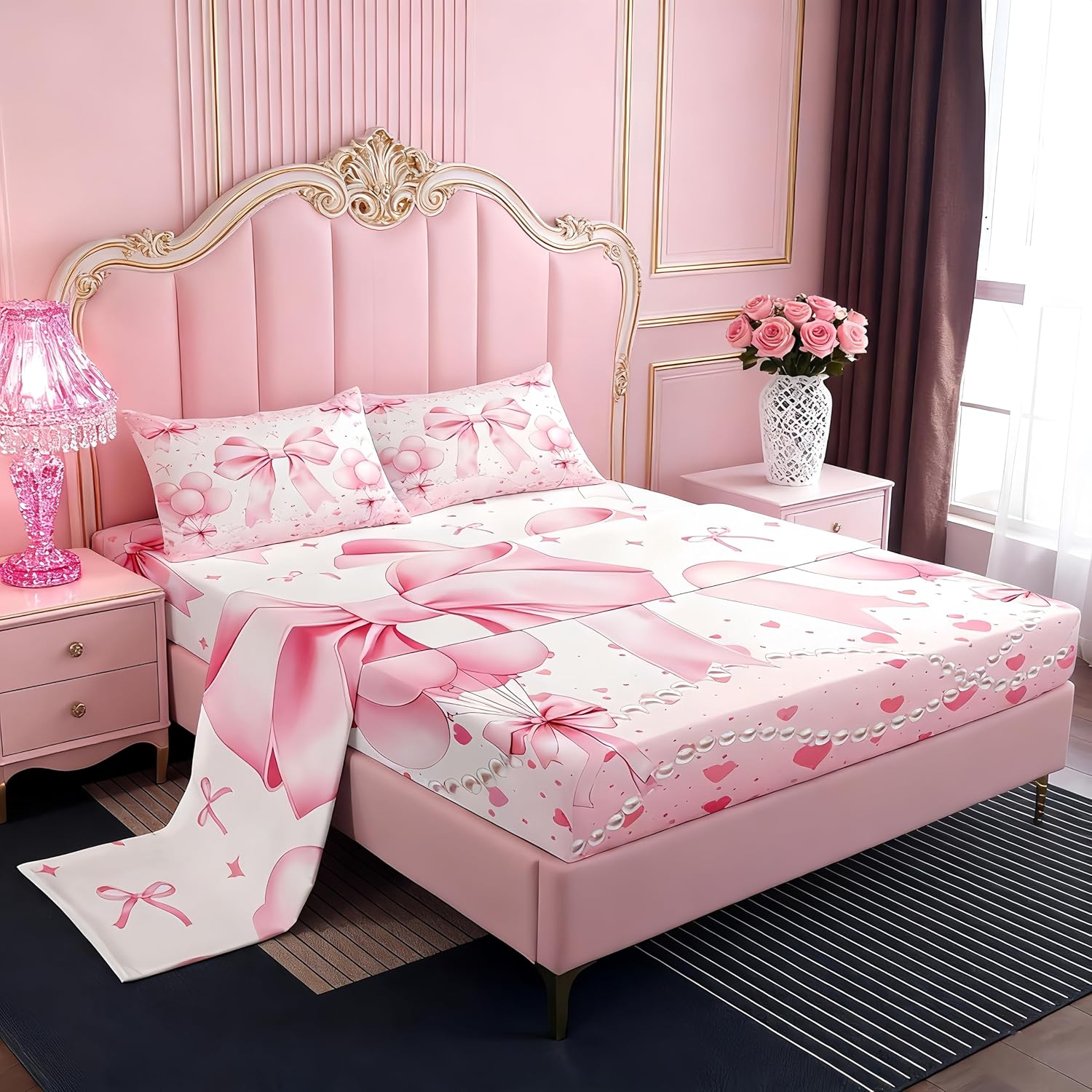 Bow Tie Kids Sheet Queen Size,Fairy Sweet Romantic Easy Wash Bedding Set,Kawaii Bow Tie Girly Kids Room Decor,White & Pink Sheet(Fitted+Flat+2 Pillowcases) image number 3