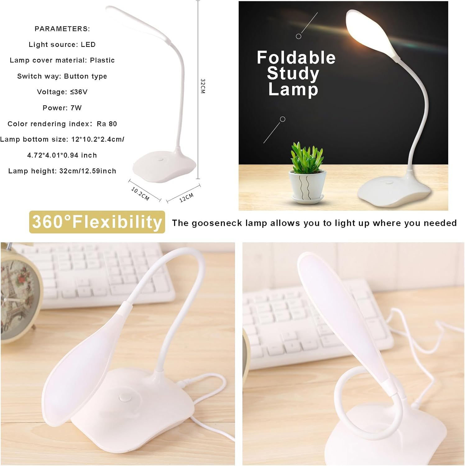 Jieruideng LED Desk Lamp USB Cable and 3 AA Batteries Operated- Flexible Gooseneck, Eye Caring, Bright Reading Light for Study Dorm Office (1) image number 2