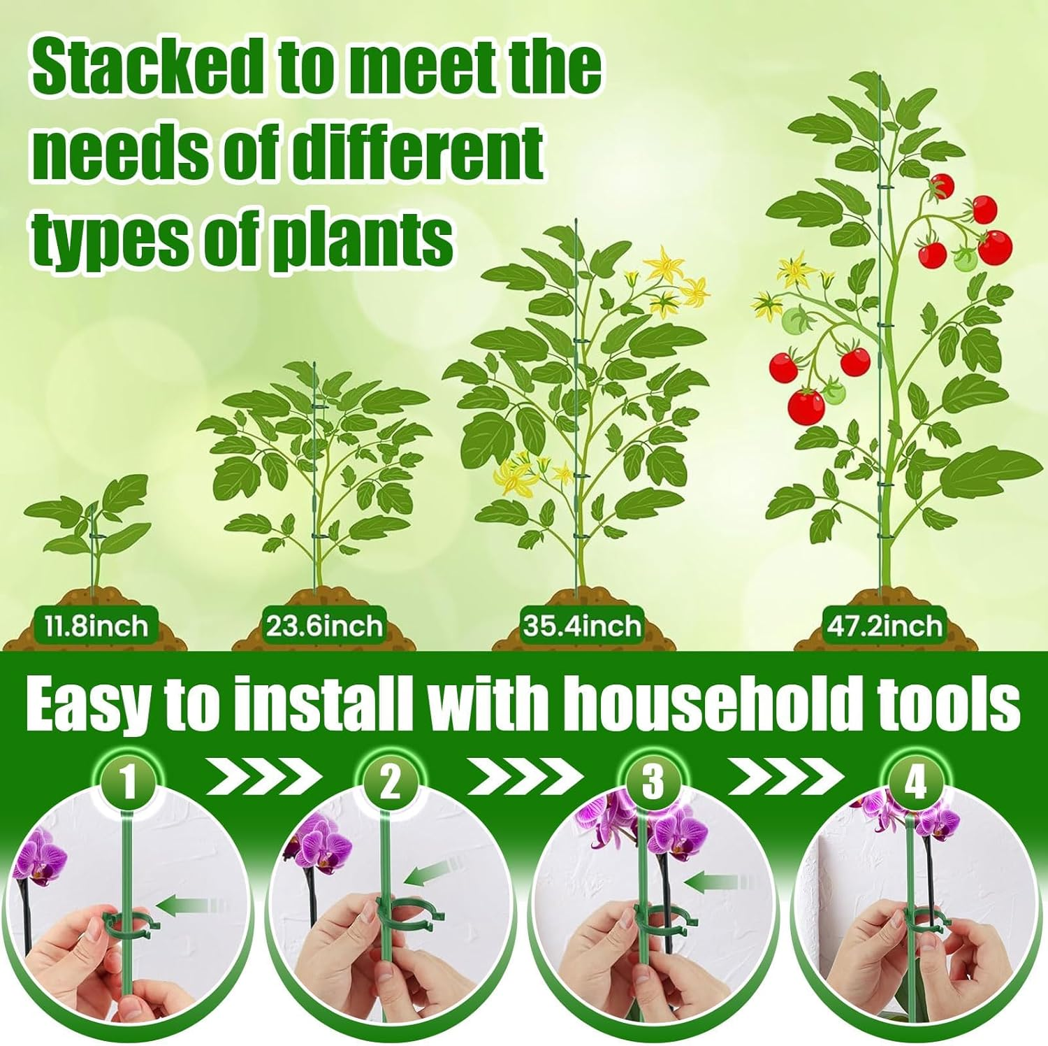 Plant Support Stakes, 10 Pcs 12Inch Adjustable Plant Support Sticks with Rings and Connectors, Garden Single Stem Plant Stake for Potted, Tomato, Rose, Vegetable image number 4