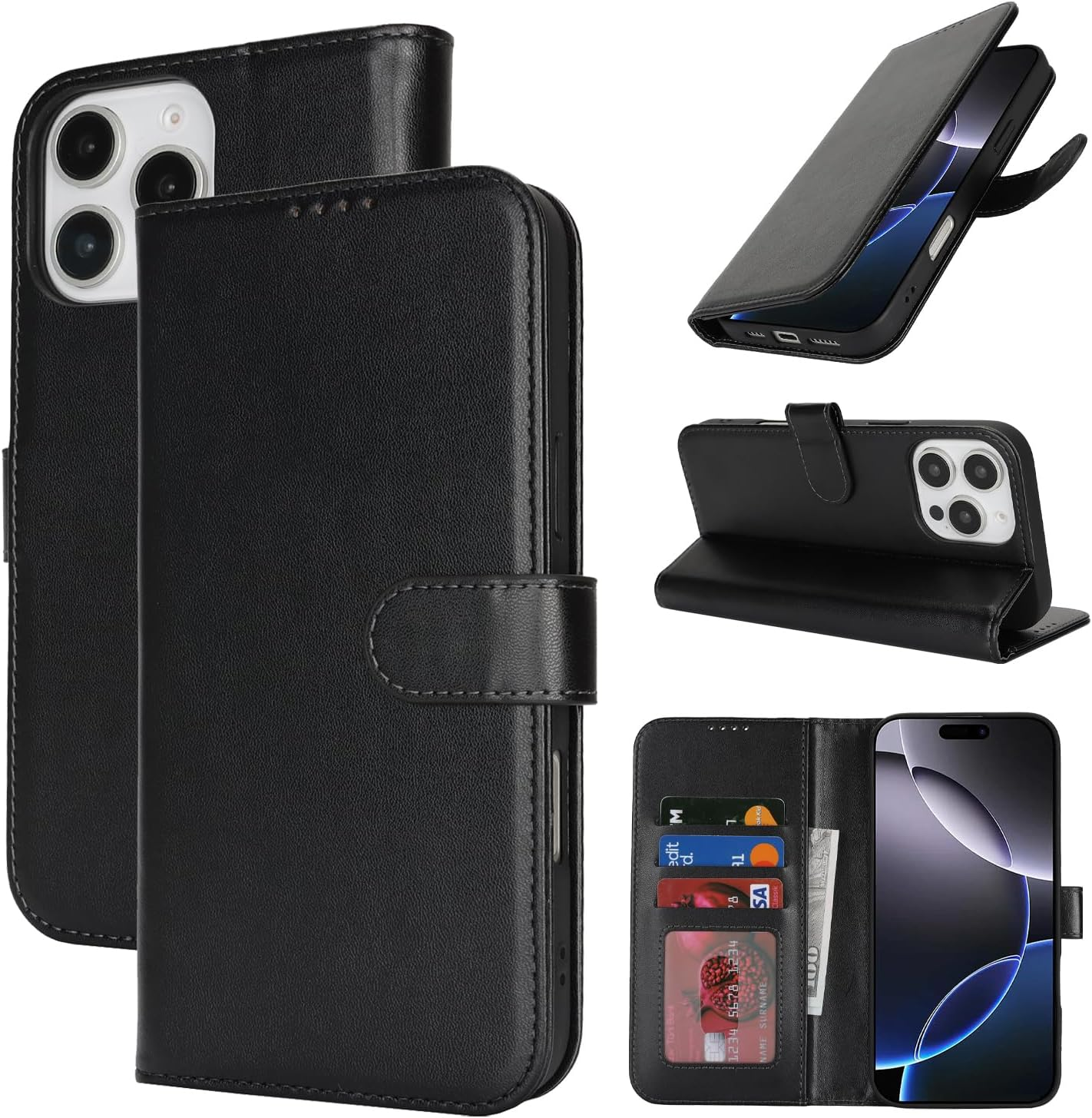 Zouzt Case for Iphone 16 plus 6.7 Inch, Shockproof PU Leather Mobile Phone Case, Flip Case with Card Holder and Stand Function, Card Slot, Magnetic Closure, Flip Leather Wallet Cover (Black)
