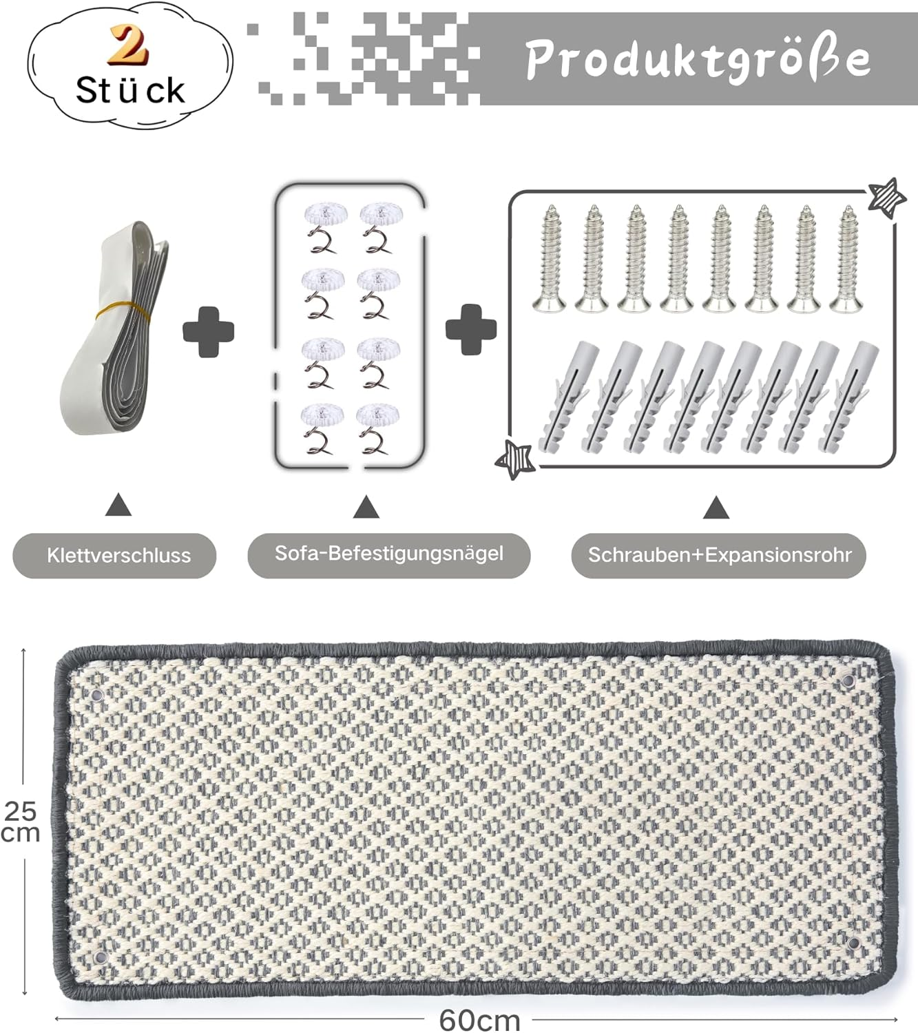 Janyoo Pack of 2 Cat Scratching Mat, Scratch Protection, Sisal Cat Scratching Mat, Cat Scratching Mat, Scratching Mat, Scratching Board, Wall for Protects Carpets and Sofas, 60 X 25 Cm (Grey) image number 2