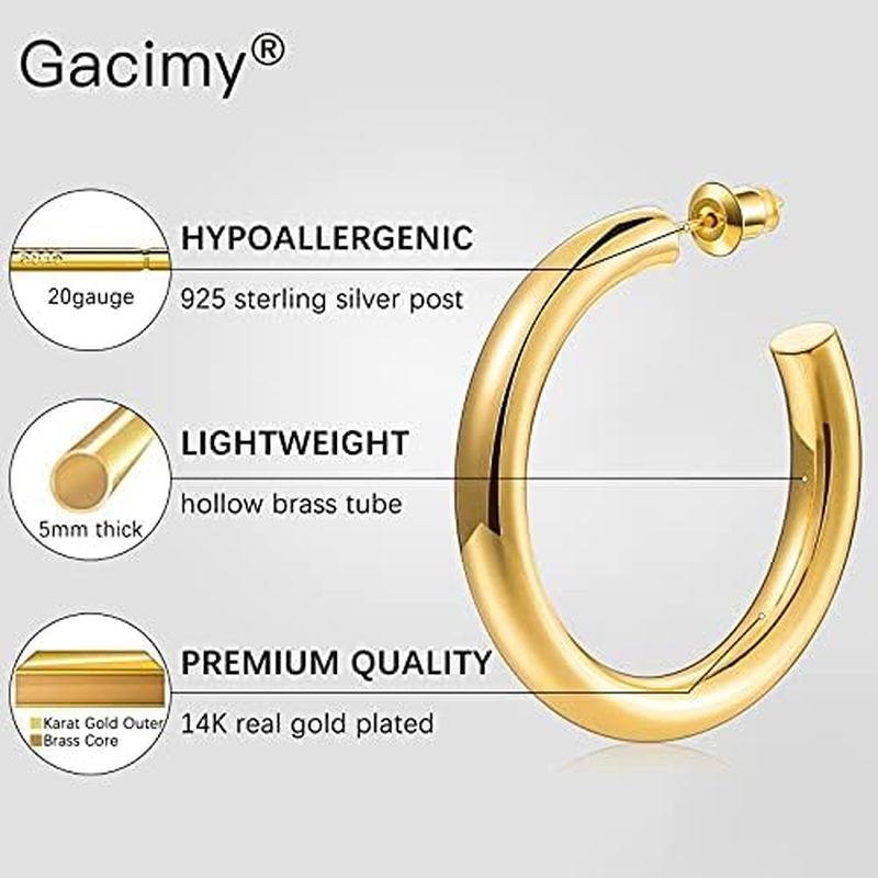 Gacimy Chunky Gold Hoop Earrings for Women 14K Real Gold Plated, 925 Sterling Silver Post Gold Hoops for Women image number 1