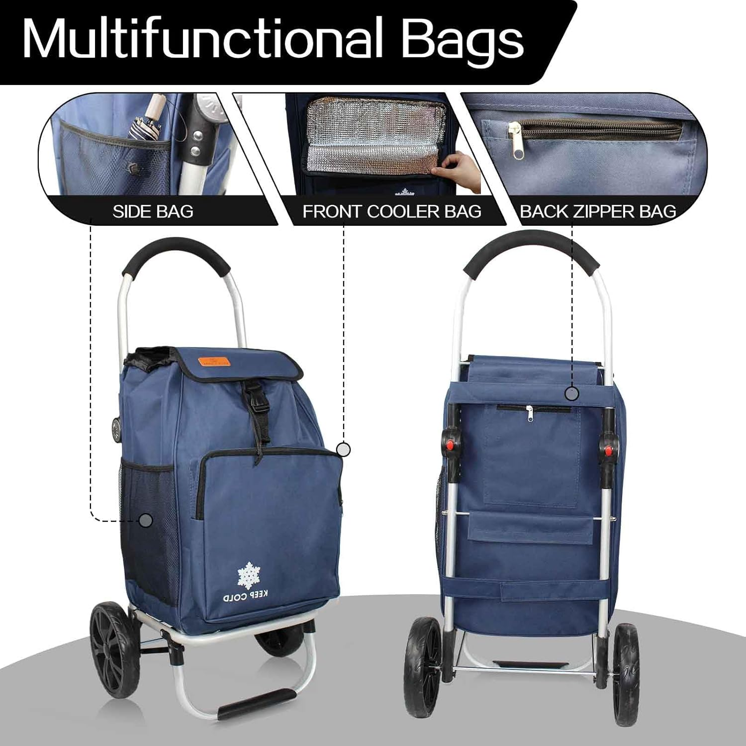 Foldable Shopping Trolley Cart with Wheels Alumimium Shopping Cart for Groceries with Removable Bag Lightweight Utility Cart (Blue) - Blue image number 6