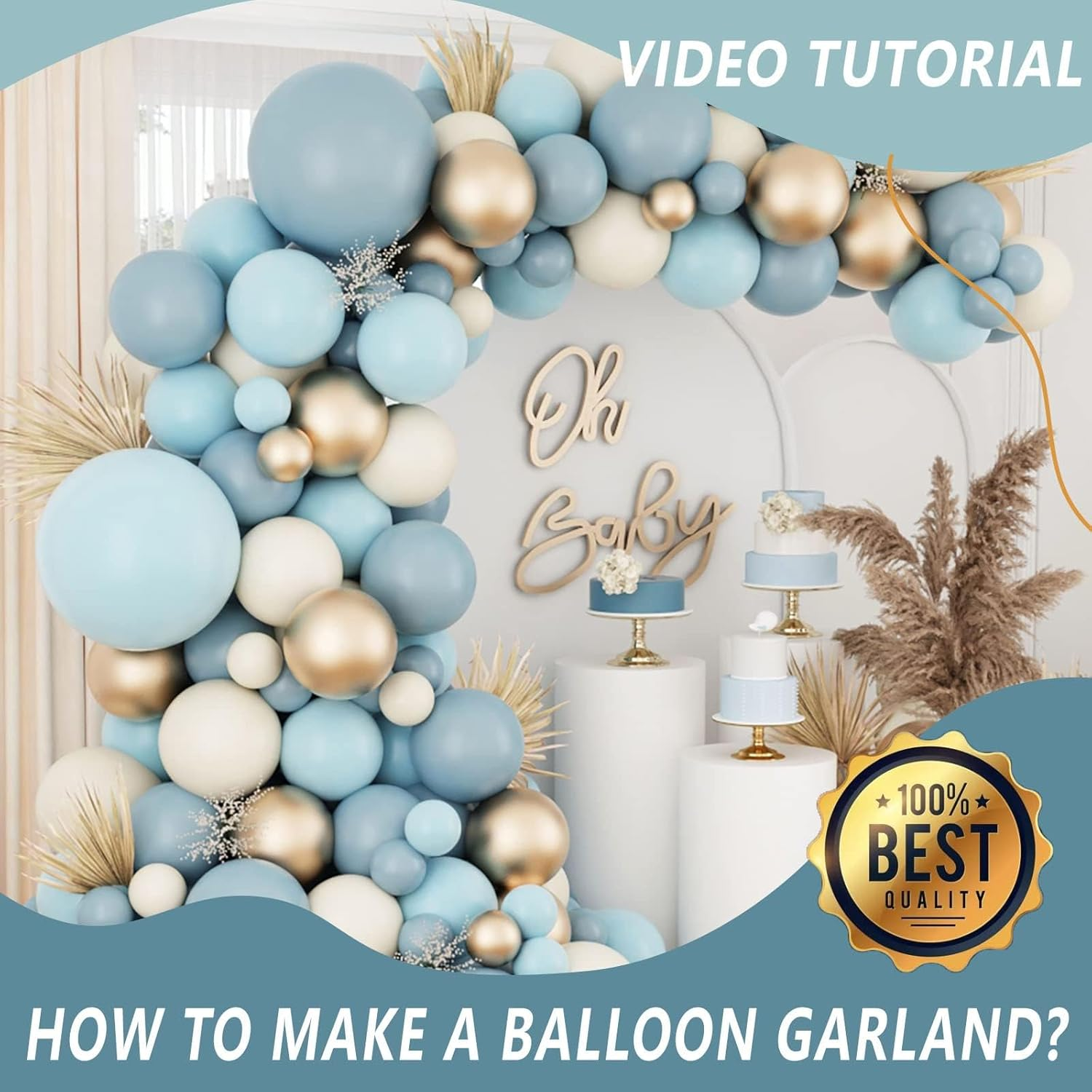 Eampoy Dusty Blue Balloons Garland Kit, 134Pcs Blue Sand White Metallic Gold Latex Balloons, for Boy Baby Shower Bridal Shower Wedding Anniversary Birthday Party Decorations Supplies image number 3