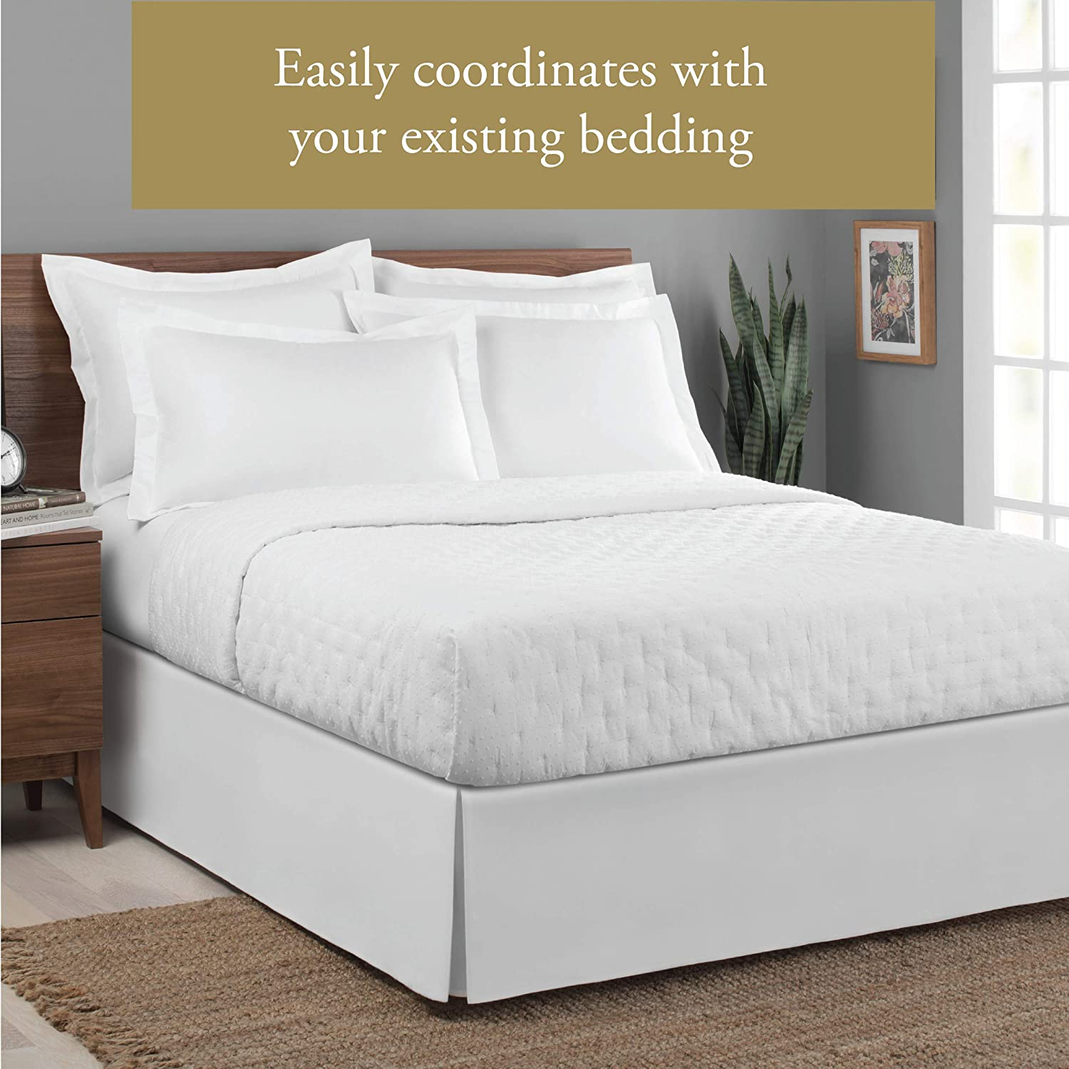 Lux Hotel Bedding Tailored Bed Skirt, Classic 14&rdquo; Drop Length, Pleated Styling, King, White image number 4