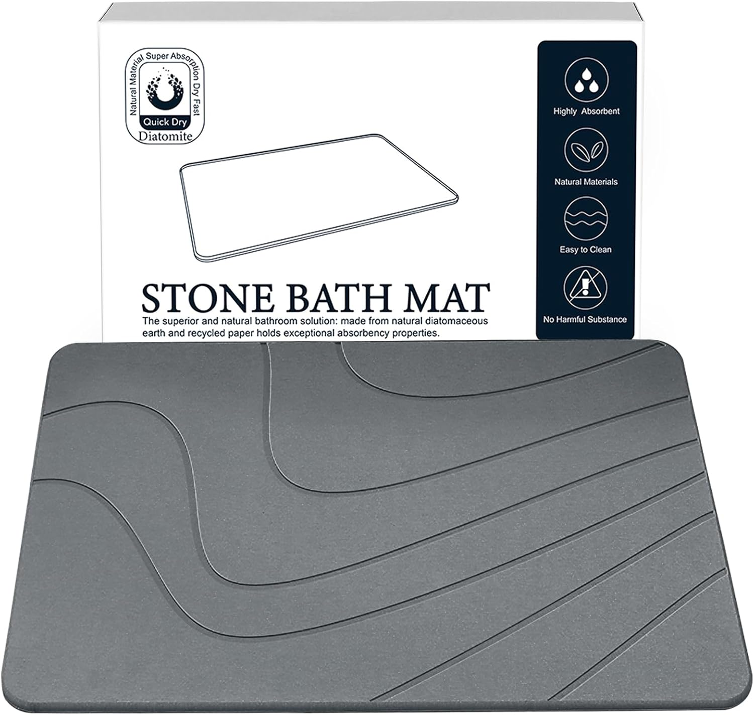 Stone Bath Mat, Diatomaceous Earth Shower Mat,(23.6" X 15.4") Non-Slip Super Absorbent Quick Drying Bathroom Floor Mat, Natural-Elegant & Modern Design, Easy to Clean (Striped Dark Gray) - Round Dark Gray image number 2