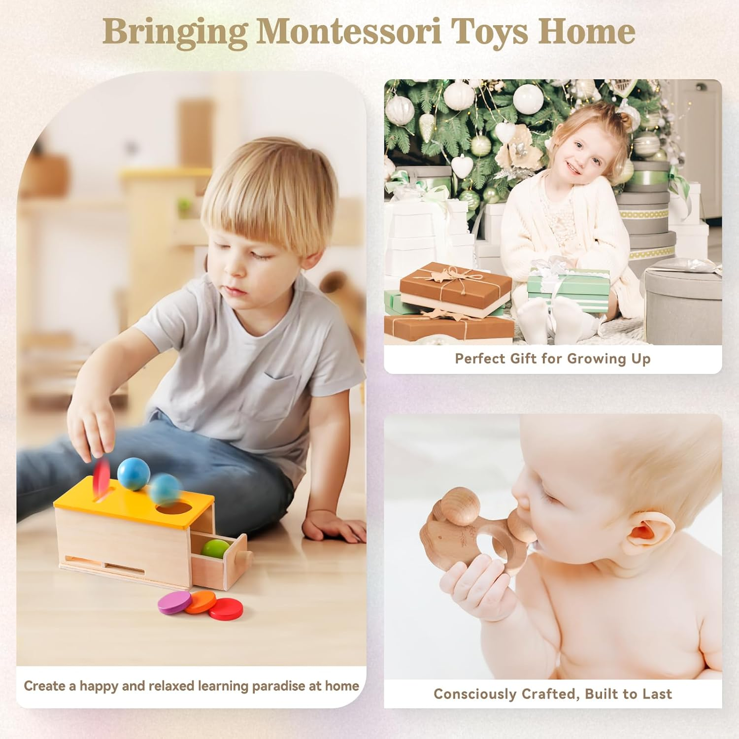 Montessori Toys for Babies 6-12 Months 6 in 1 Learning Educational Toy Set Wooden Toys Play Kit Includes Object Permanence Box, Touch & Match Board, Sensory Ball & Treasure Basket, Soft Baby Book