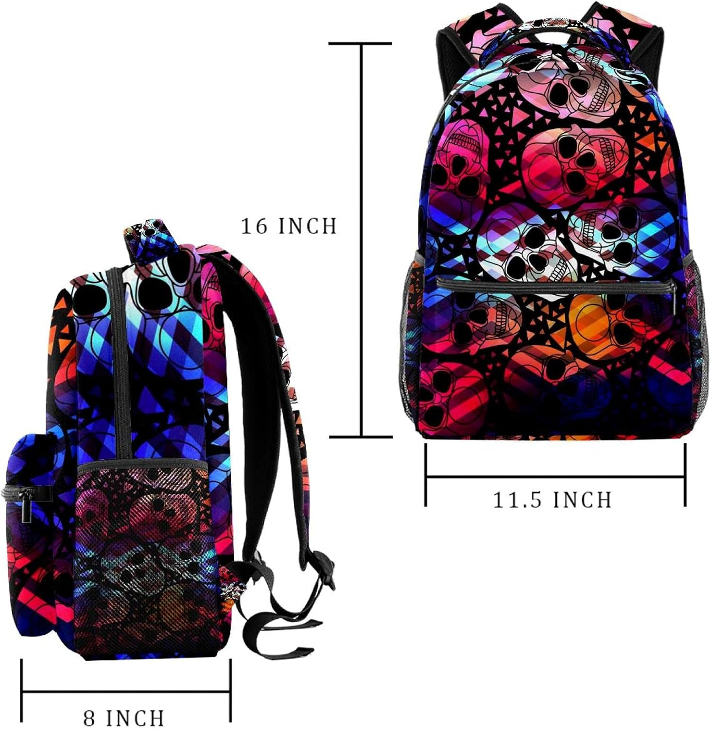 Colorful Aurora Gothic Skull with Polygonal Ornament Pattern with Zigzag Lines Backpack Students Shoulder Bags Travel Bag College School Tote Backpacks image number 5